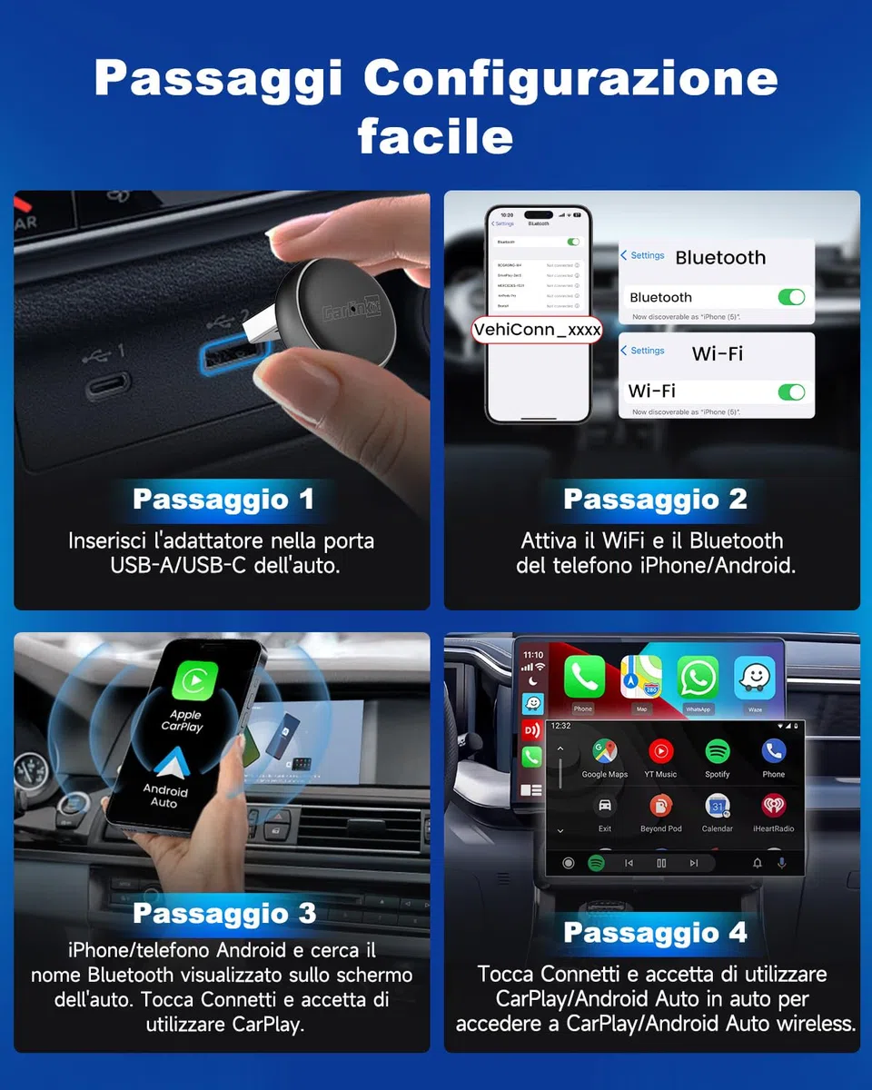 Carlinkit Adattatore wireless per auto CarPlay e Android, mini ultra 3 converte OEM cablato a wireless per iPhone e Android 11+, USB-A/Type-C Plug & Play, connessione veloce, aggiornamento online