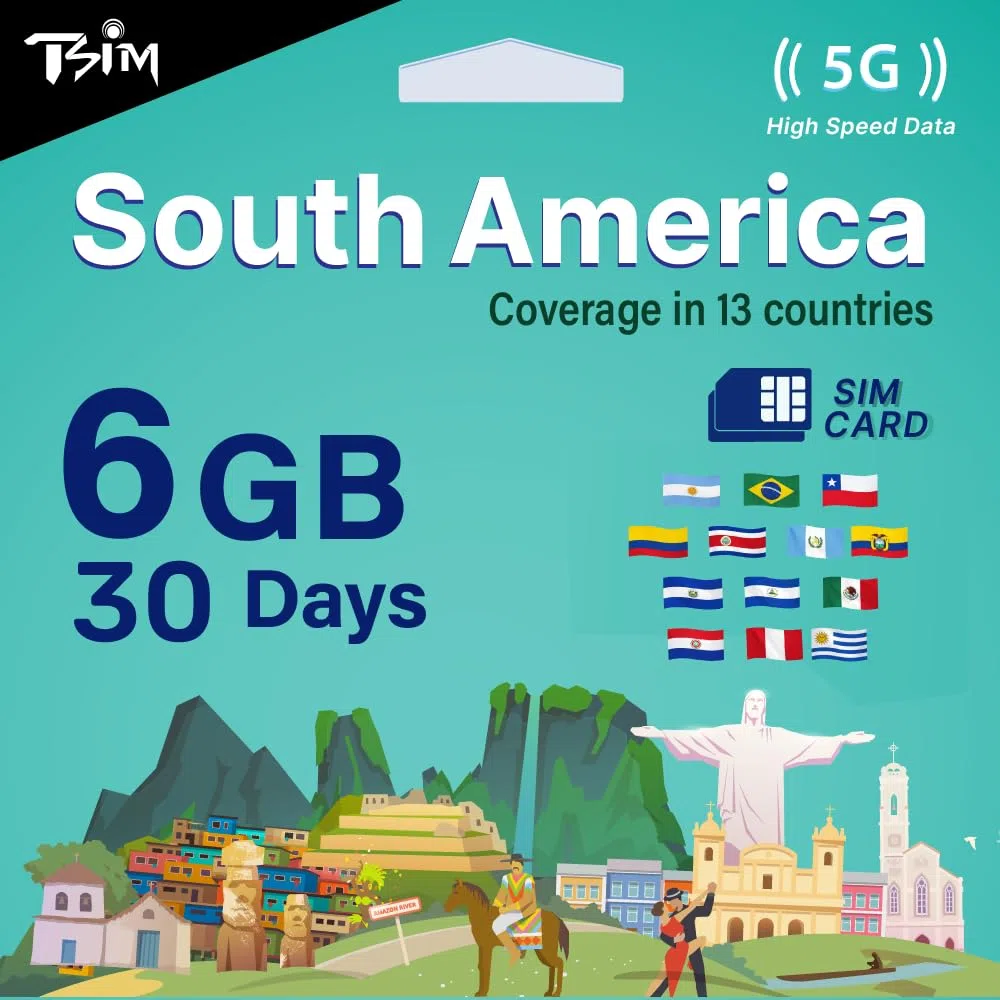 Scheda SIM TSIM Sud America 30 giorni – 6 GB | Rete multi-operatore 5G/4G (hotspot consentito) | Utilizzabile in Brasile, Cile, Colombia, Argentina, Ecuador e altri Paesi | Attivazione automatica.