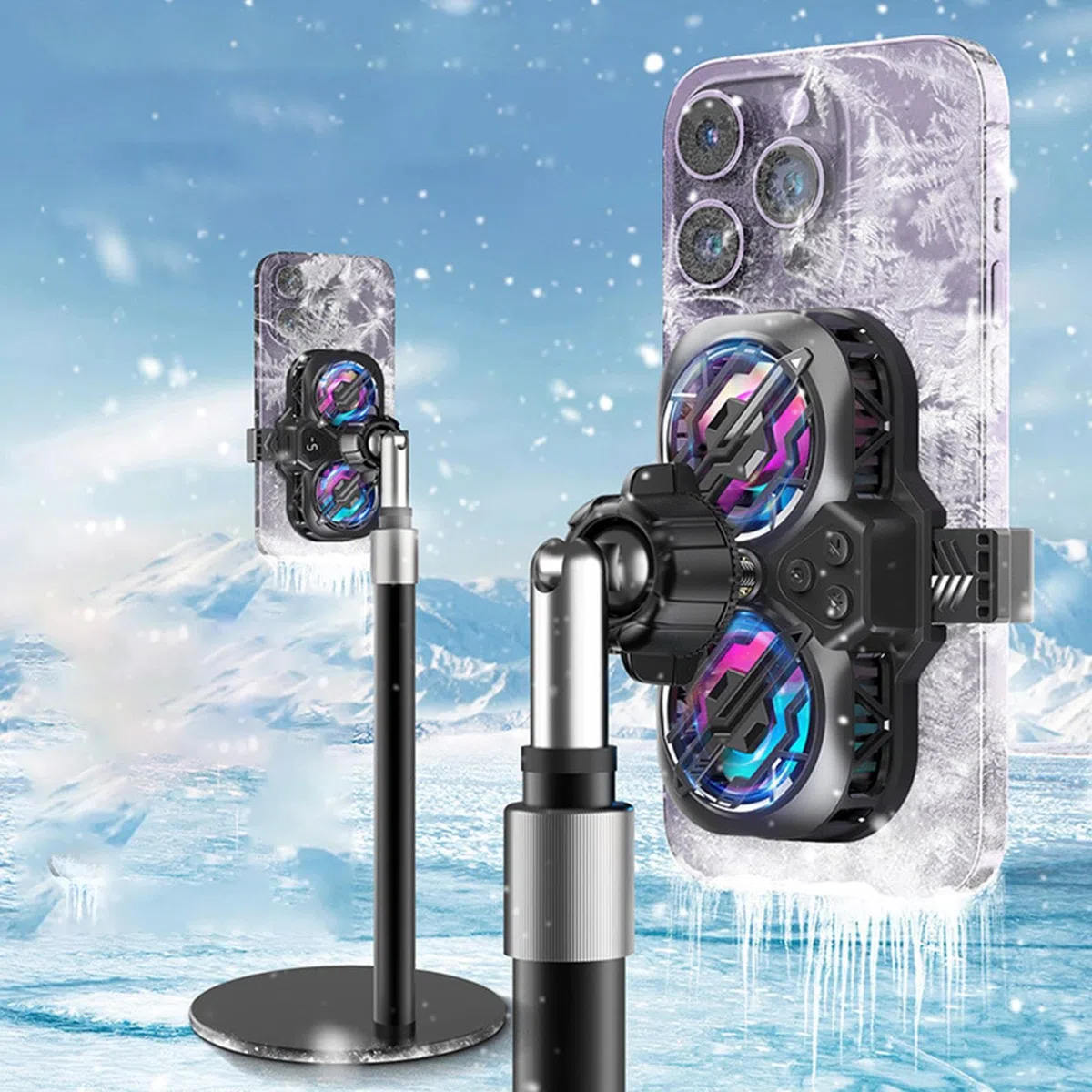 Phone Cooler, Core Mobile Blower, 2.68-3.46 inches Adjustable RGB Cooling Device, Quiet Operate, Two Fan System, Games Use, Smartphone Heat Reduction, Performance Booster