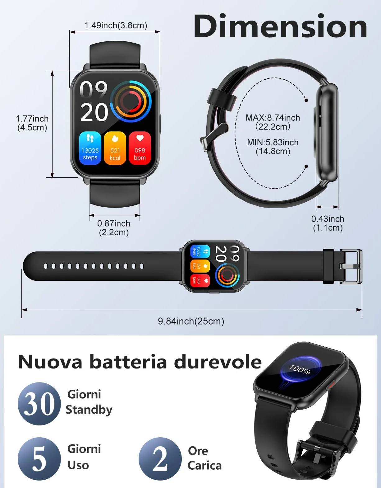 RUIMEN Smartwatch Uomo Donna Chiamate Bluetooth Orologio Contapassi Android iOS Compatibile Fitness Watch Sportive Cardiofrequenzimetro da polso Saturimetro Impermeabile IP68 Notifiche Whatsapp Nero