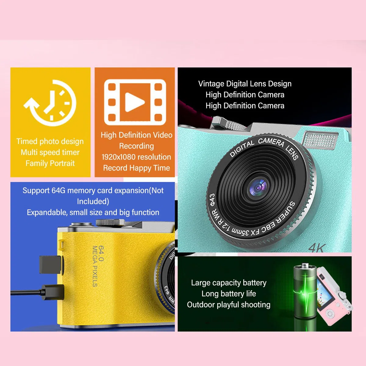 Fotocamera Digitale retrò 1080P, Fotocamera Digitale Inquadra e Scatta da 48 MP Vintage, Fotocamera per Vlogging FHD Fotocamera Selfie - Schermo HD da 2,4 Pollici, Zoom Digitale
