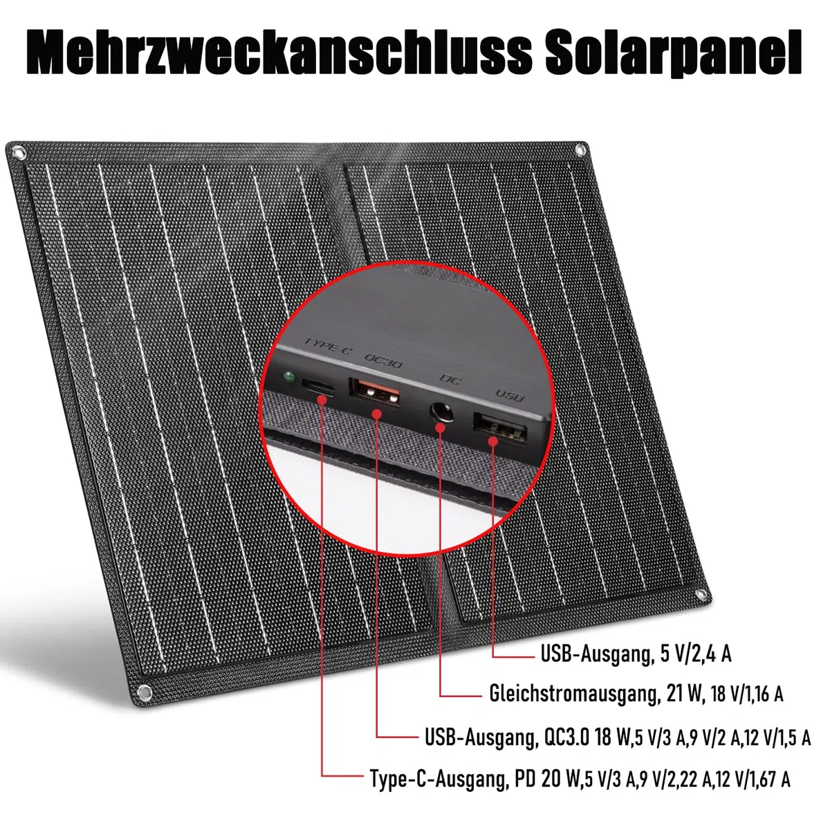 Pannello Solare Portatile 21W Piegaevole Caricatore, Efficienza 23%, Caricatore Rapido con Porte USB e Uscita DC 18V, Pannello Solare Pieghevole per Campeggio Viaggi all'Aria Aperta Emergenza