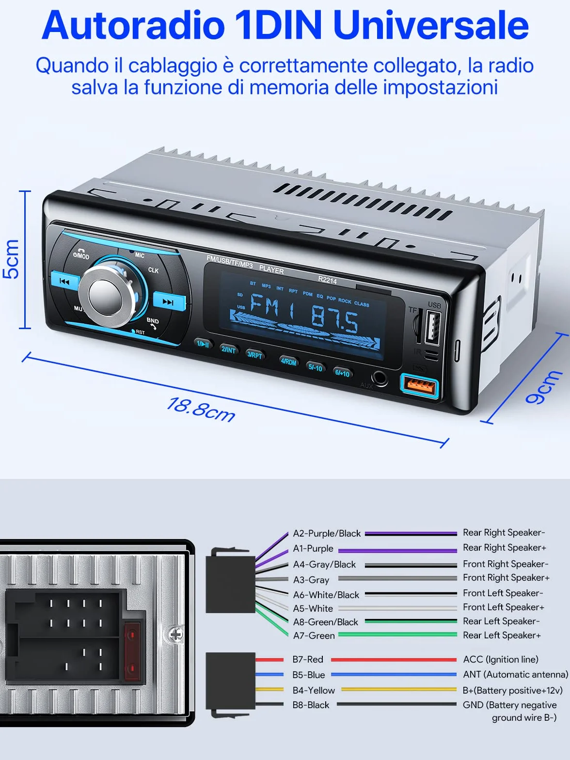 RDS Autoradio Bluetooth 5.0 Vivavoce, Chismos FM/AM Bluetooth Autoradio con telecomando, Supporto due USB/AUX in/SD/TF/WMA/WAV/MP3 Player, 1 DIN Stereo Radio 4x65W Supporto iOS Android