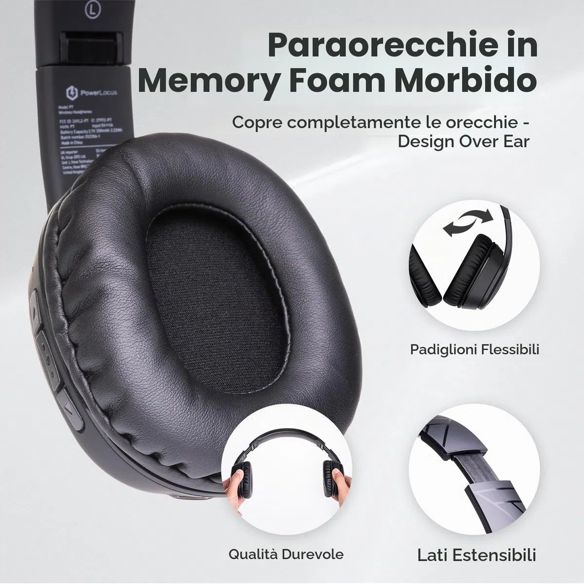 PowerLocus P7 Cuffie Wireless Bluetooth, 50 ore Di Riproduzione, Cuffie Senza Fili Over Ear, Hi-Fi Stereo, Pieghevole, Cuffie Bluetooth con Microfono, Custodia Rigida per Viaggio/Telefono/PC/TV