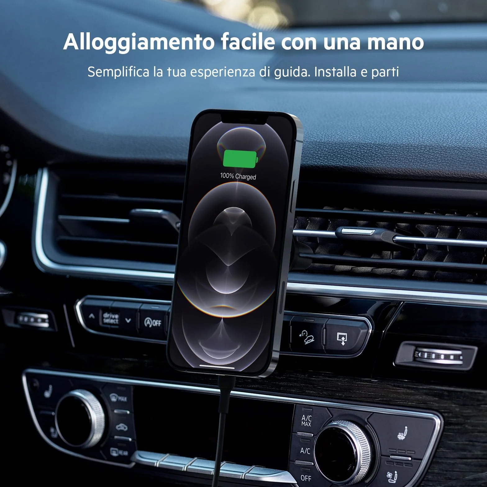 Belkin BoostCharge Supporto da auto magnetico per telefono, compatibile con MagSafe, iPhone 14/14 Plus, 13, 12, Pro, Max, mini, e altri (cavo e caricabatteria wireless inclusi)