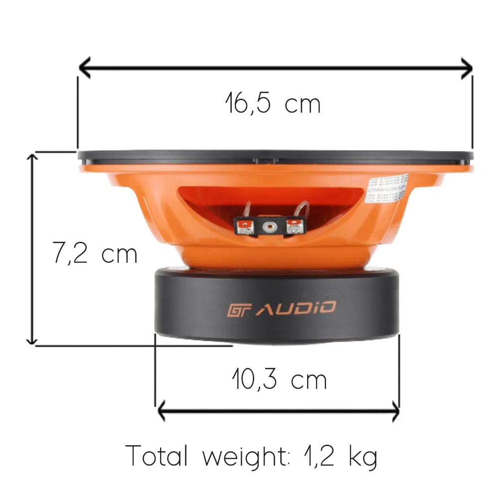 KIT SET PER BASS FACE GT AUDIO GT-MB6/4 1 woofer midbass da 16,5 cm 165 mm 6,5" di diametro, 80 watt rms 160 watt max, impedenza 4 ohm, portiere sportelli, per auto, 1 pezzo