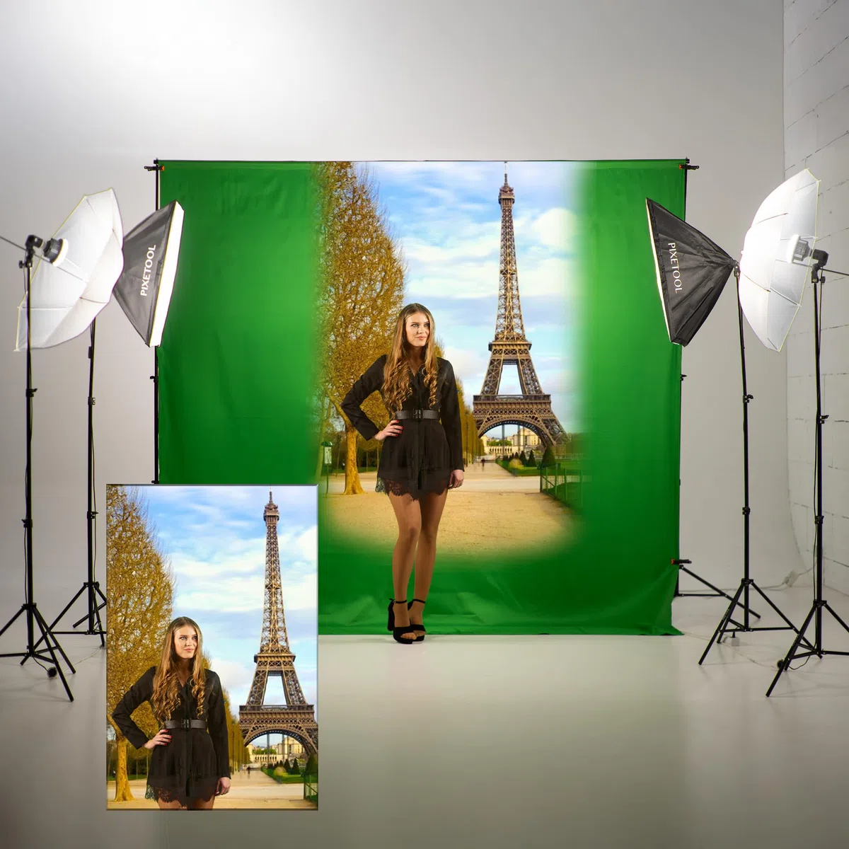 Green Screen Con Supporto (3m x 3m) – Sfondo Fotografico - Set Studio Fotografico - Accessori Per La Fotografia Streaming Giochi Gaming – 3x Telo di Fondale (verde, bianco, nero) – 4 Morsetti