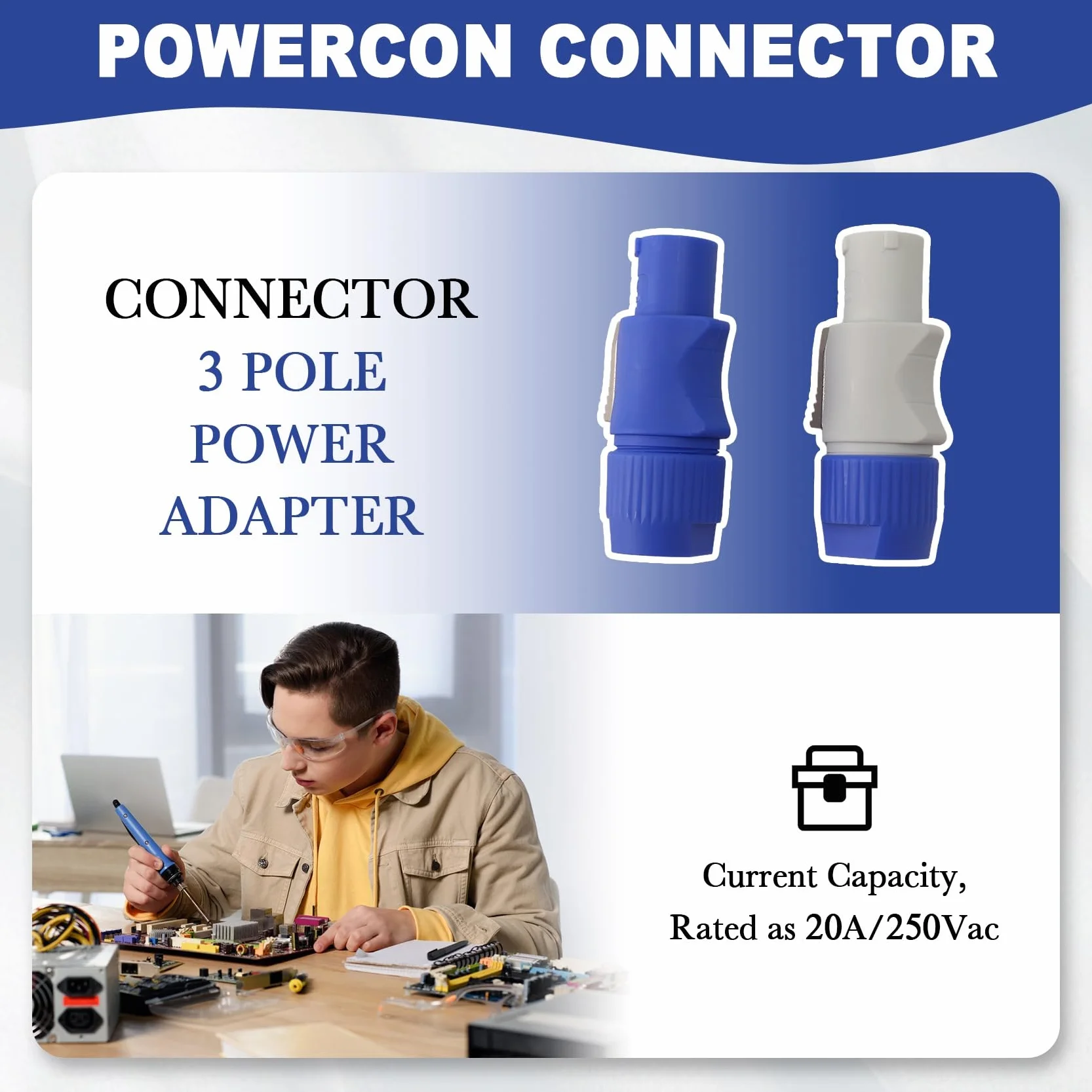 20 connettori Powercon, spina Powercon a 3 NAC3FCB, spina Speakon, 20 A, 250 V, blu e