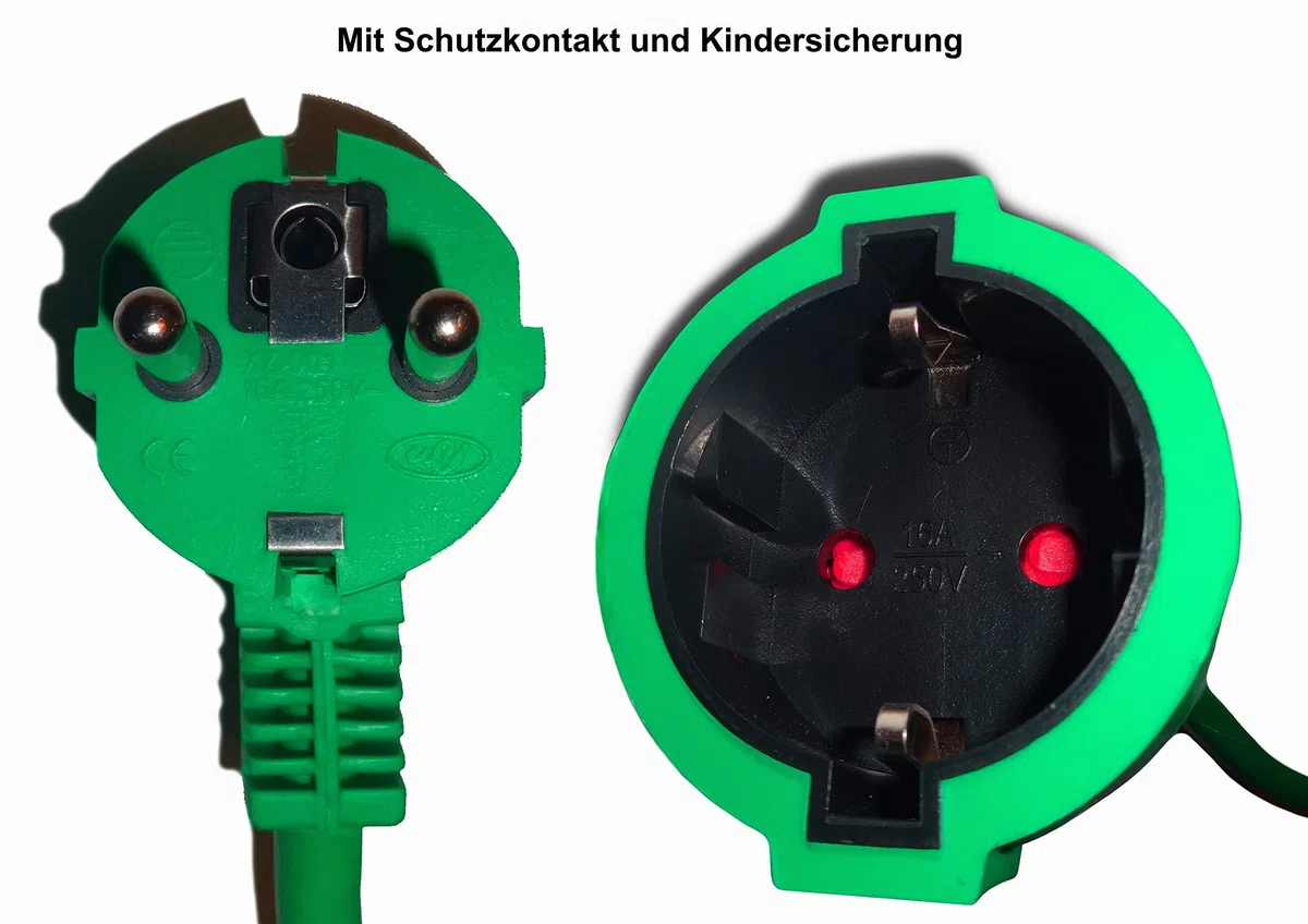 Prolunga Schuko con cavo di alimentazione IP44 fino a 3500 Watt adatta per giardino e per esterni, di alta qualità, 20 metri, colore verde