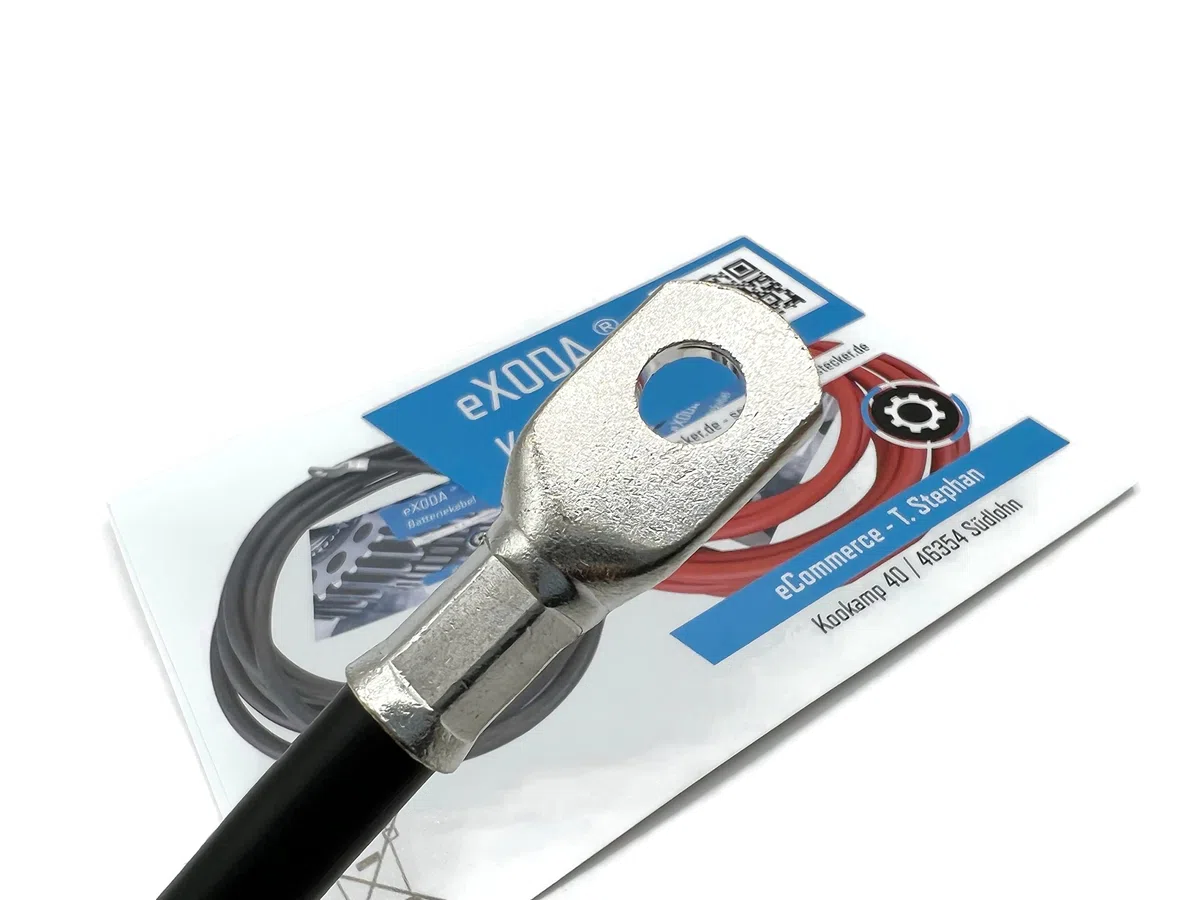 eXODA cavo batteria flessibile 30cm capocorda M8 neri per auto barca moto alta qualità 99 percento rame resistente al calore fino a 70° trasmissione energia affidabile.