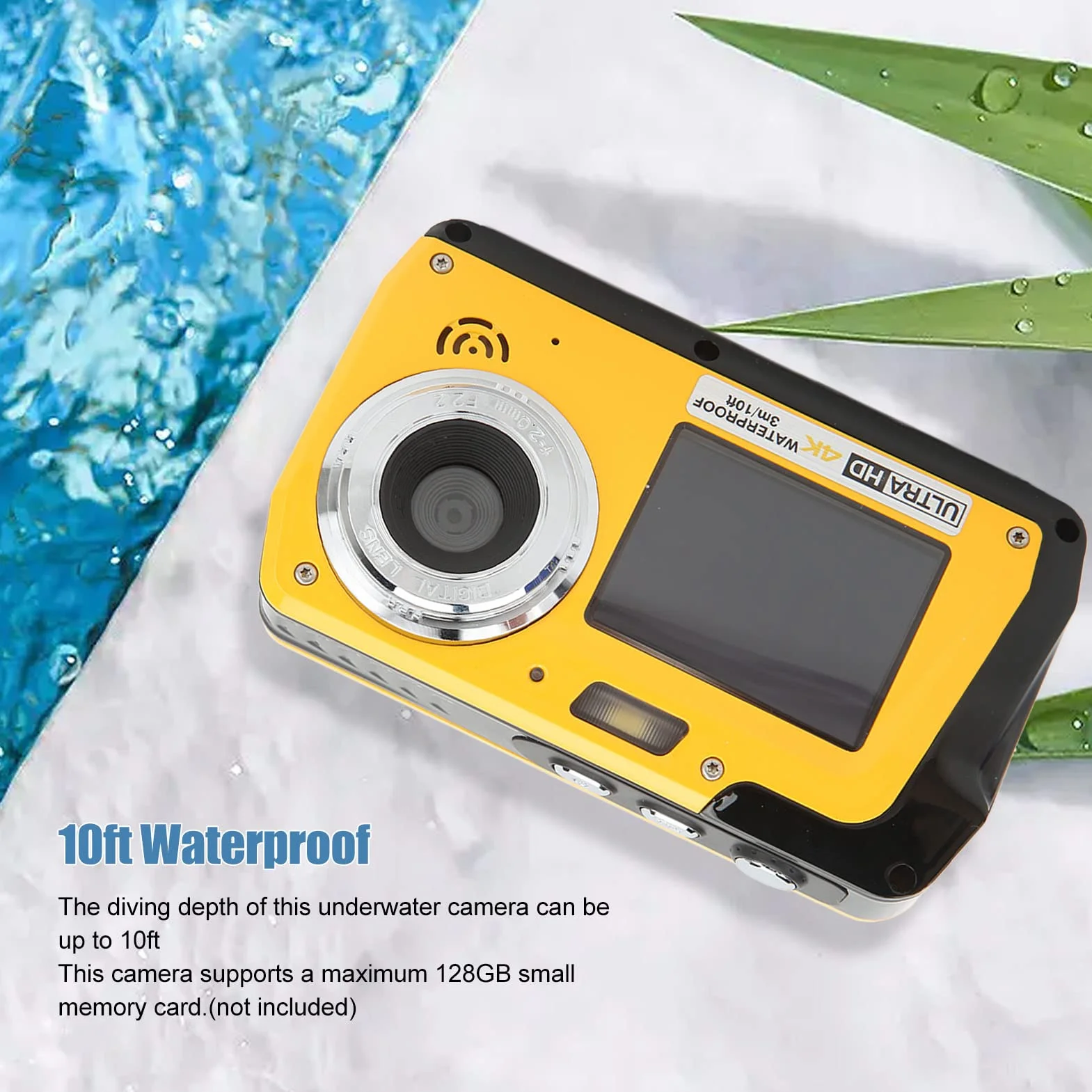 Fotocamera Digitale Impermeabile, Fotocamera Subacquea a Doppio Schermo 4K 56 MP, Zoom Digitale 18X Videoregistratore da 10 Piedi Selfie, per Esterni, Bambini, Ragazzi