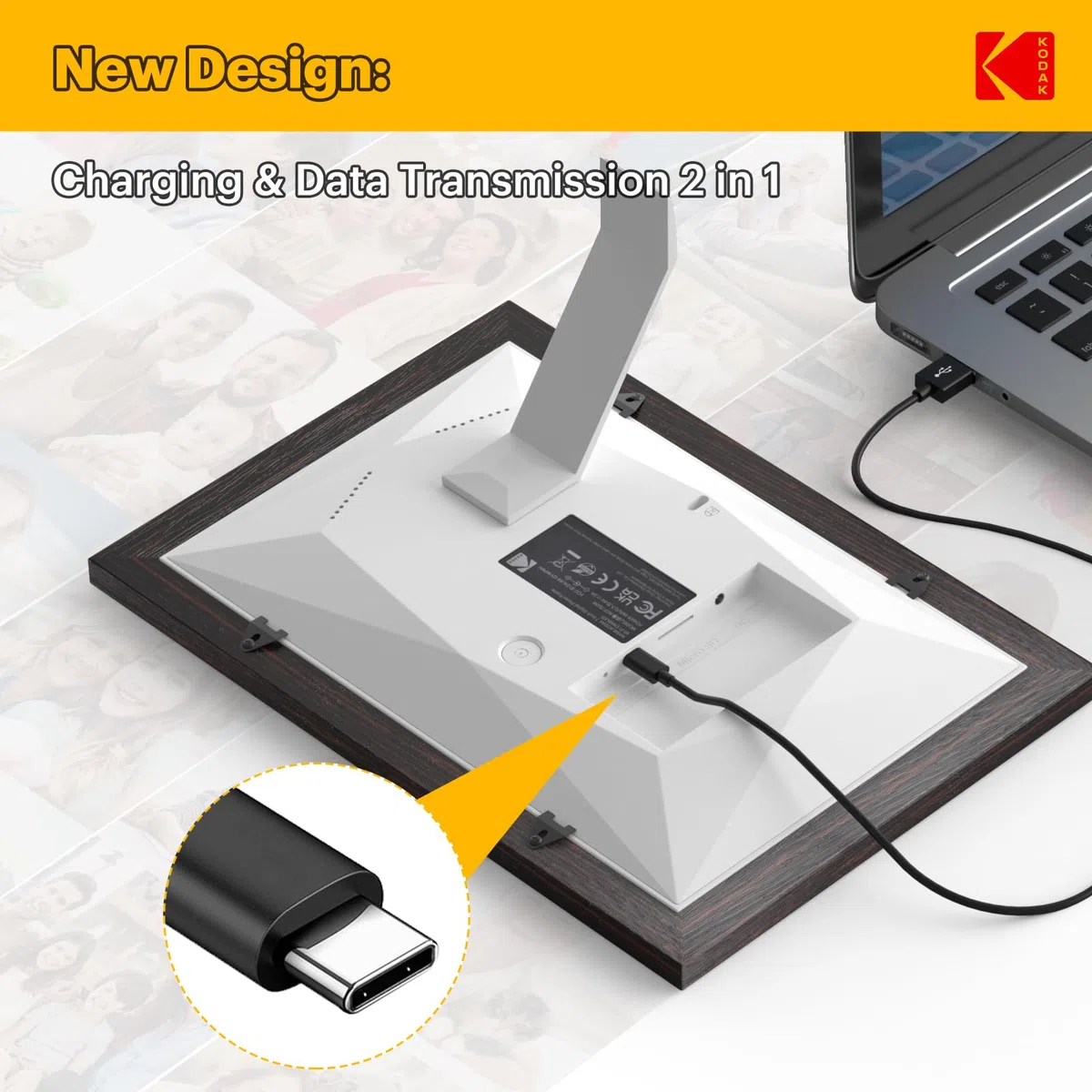 KODAK Cornice Digitale WiFi Cornice Foto Digitale, 7 Pollici HD IPS Touchscreen, Legno Cornici Elettronica con 32GB di Memoria, Portafoto Digitale Condivisione di Foto/Video via APP o Cavo di USB C