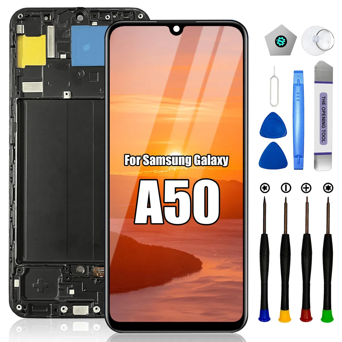 Sostituzione Schermo per Samsung Galaxy A50, con Telaio A505F A505FN A505W A505U A505U1, Assieme digitalizzatore Display LCD con Strumenti di Riparazione