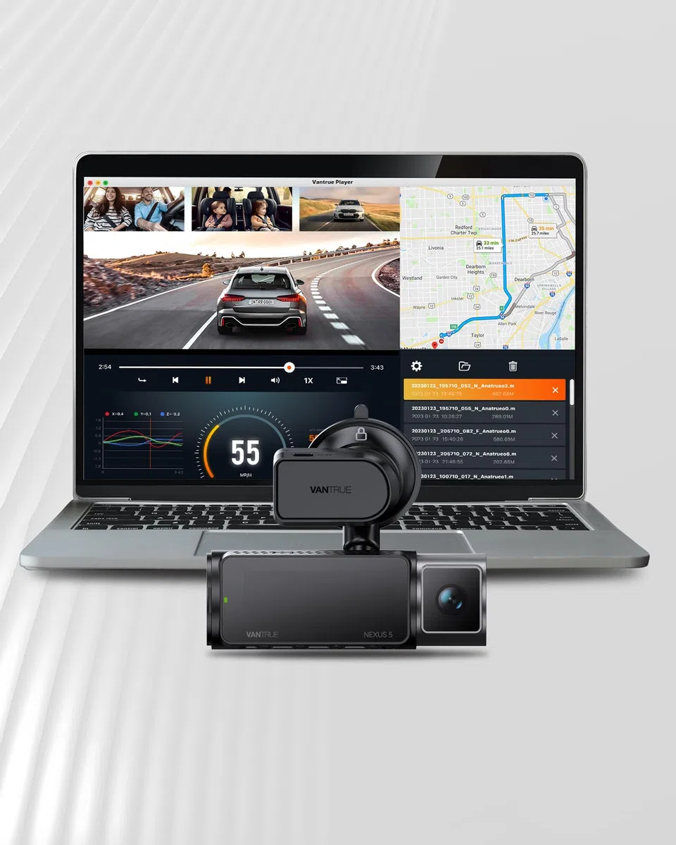 VANTRUE N5/N4 Pro - Supporto a ventosa per fotocamera, con porta USB-C e rilevatore GPS (velocità, posizione, percorso)