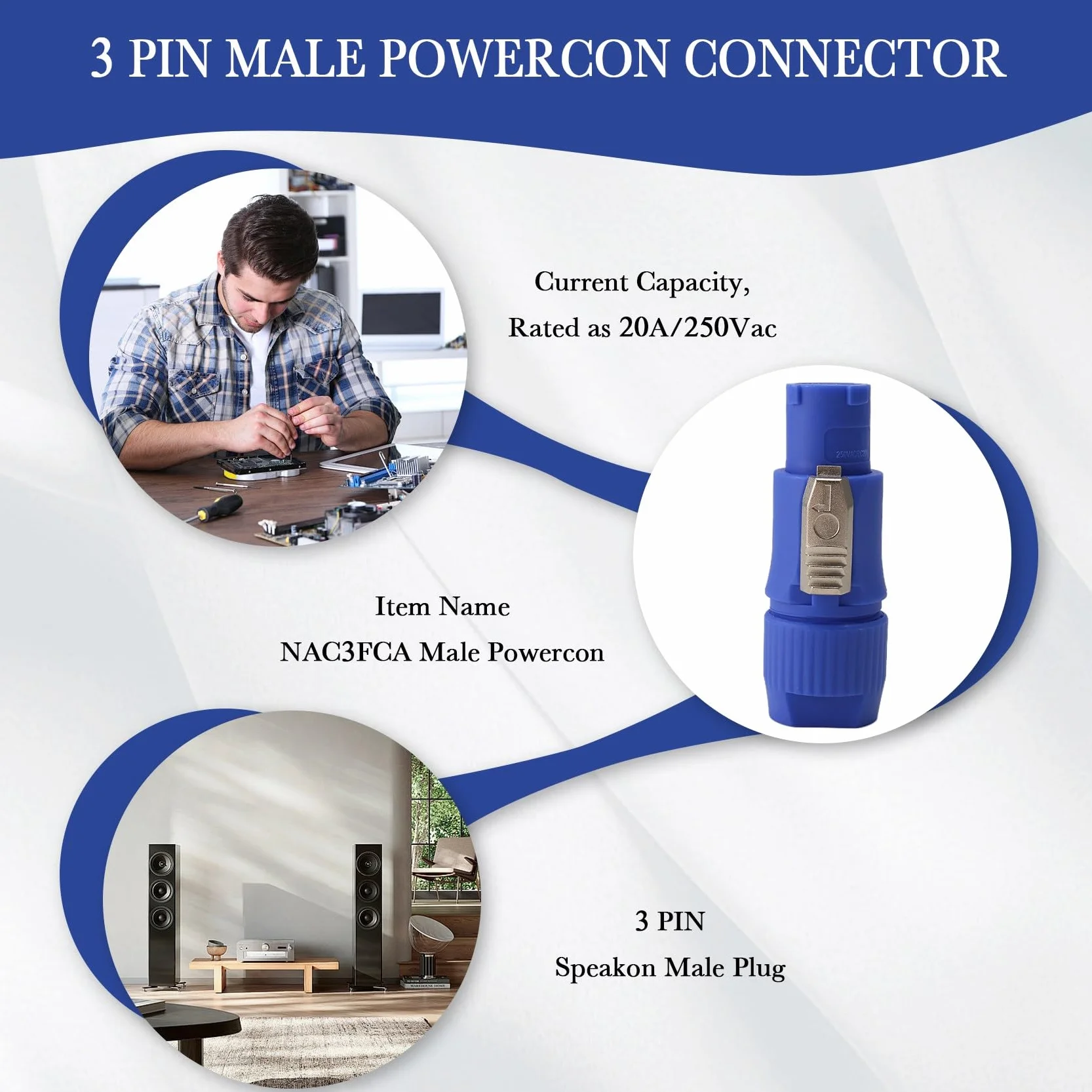 20 connettori Powercon, spina Powercon a 3 NAC3FCB, spina Speakon, 20 A, 250 V, blu e