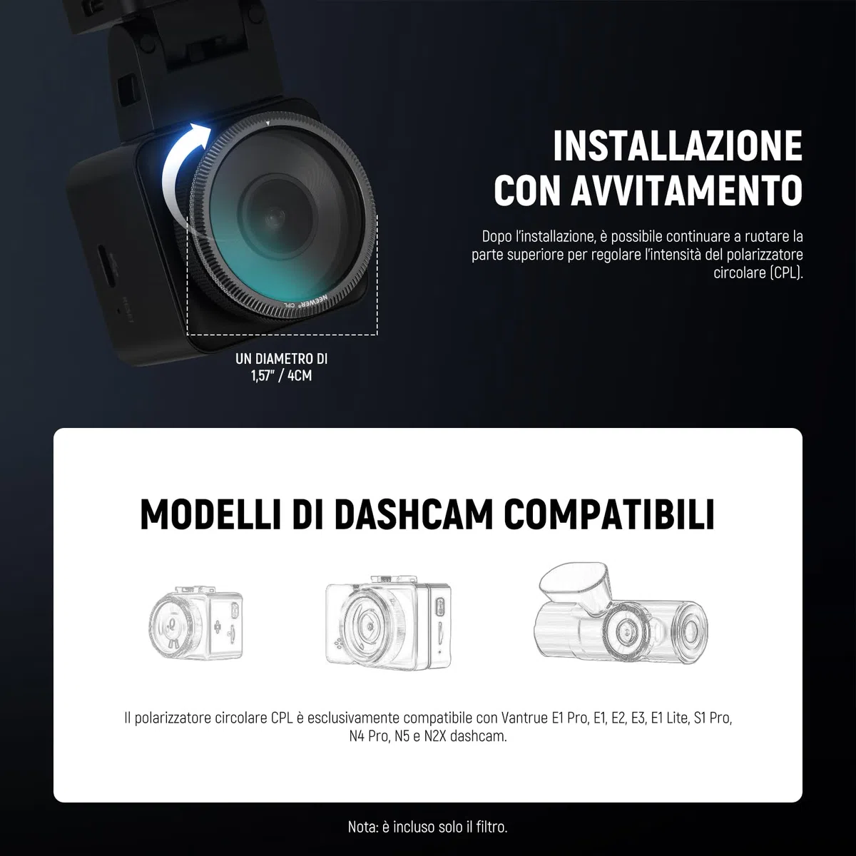 NEEWER Filtro CPL da 40mm Compatibile con Vantrue N4 Pro N5 E1 Pro E1 E2 E3 E1 Lite S1 Pro N2X Dash Cam, Filtro Polarizzatore Circolare Ultra Sottile Regolabile, Riduce Riflessi e Aumenta Contrasto
