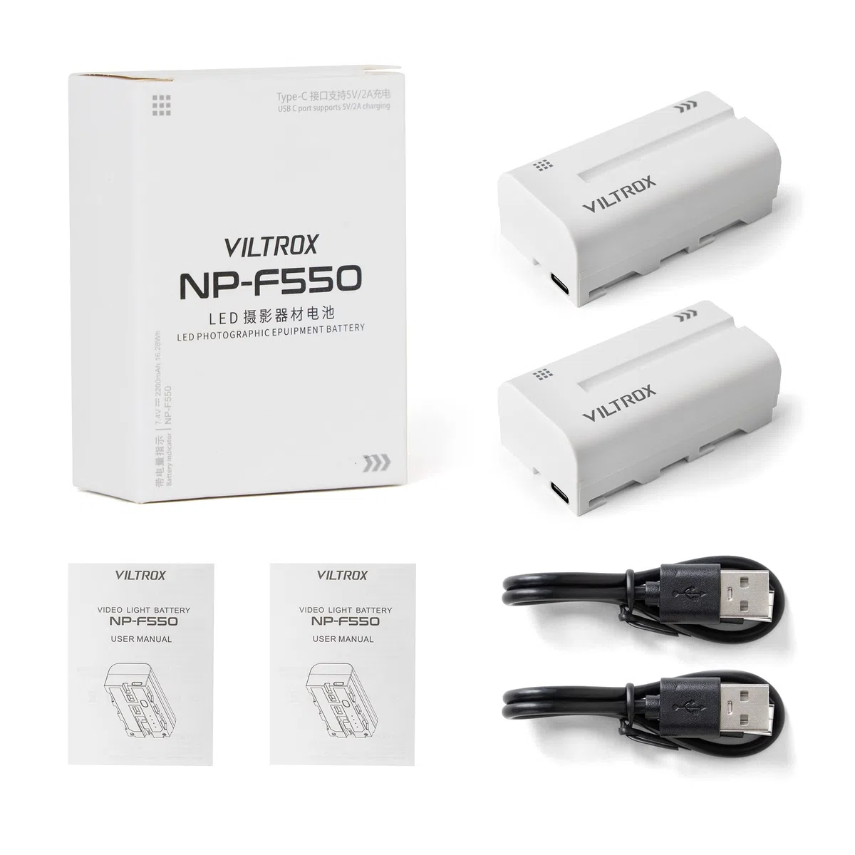 VILTROX Confezione da 2 batterie NP-F550 da 2200 mAh, ricambio per Sony NP-F970 F960 F950 F770 F750 F570 F550, compatibile Godbox Neewee LED Light, monitor (porta di ingresso USB di tipo C)