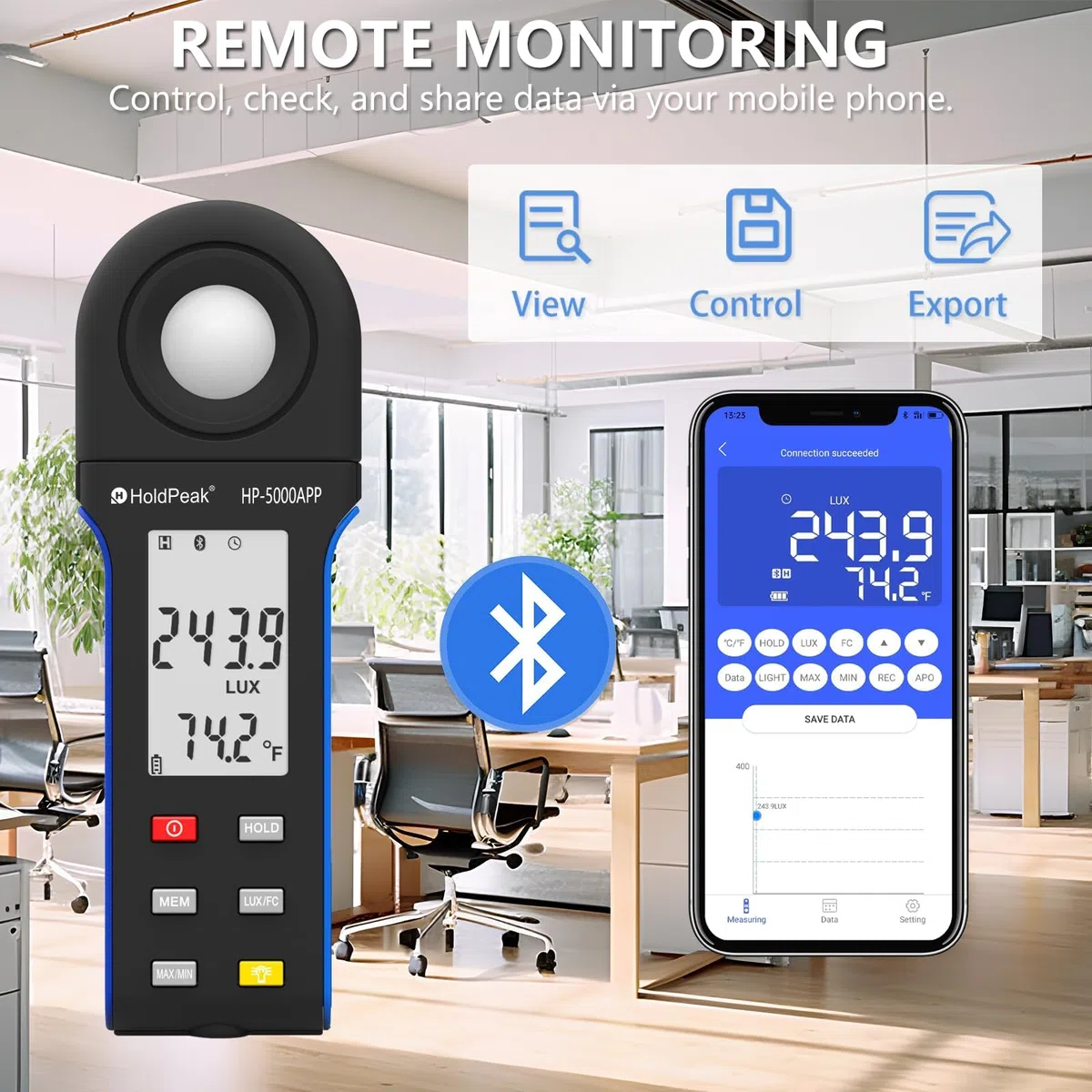 Luxmetro Digitale Tester per Misurazione Luminosita 400,000 Lux 5000APP, Misuratori di Luce, Posemetro Digitale Portatile Ambientale, per Luce LED/Piante, Rotativo 270º, APP Operazione