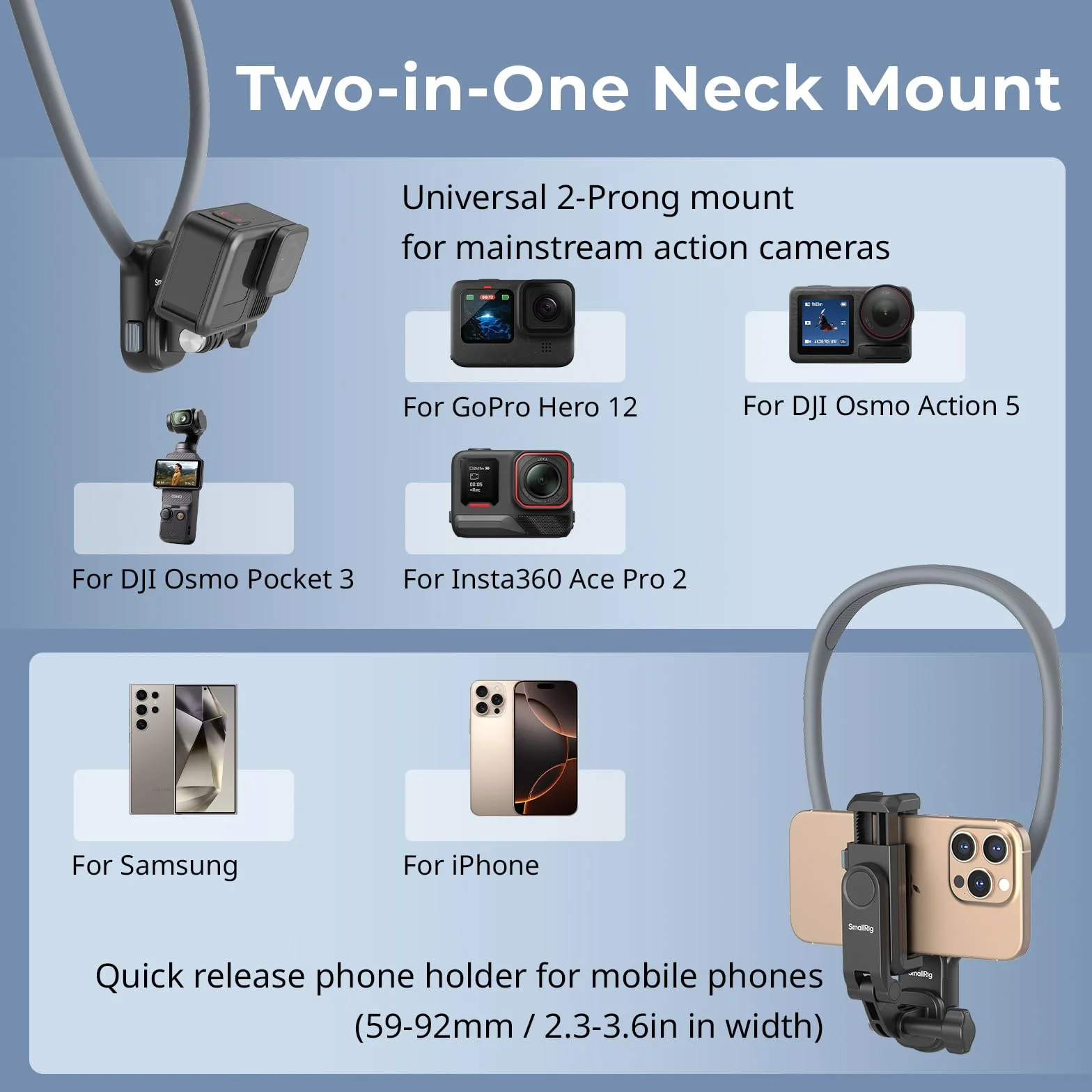 SMALLRIG Supporto magnetico per fotocamera action e telefoni, supporto per collo POV/Vlog per selfie GoPro 13/12, per DJI Action 5 Pro/4/3, per DJI Ace Pro 2, per iPhone, Samsung - 5128