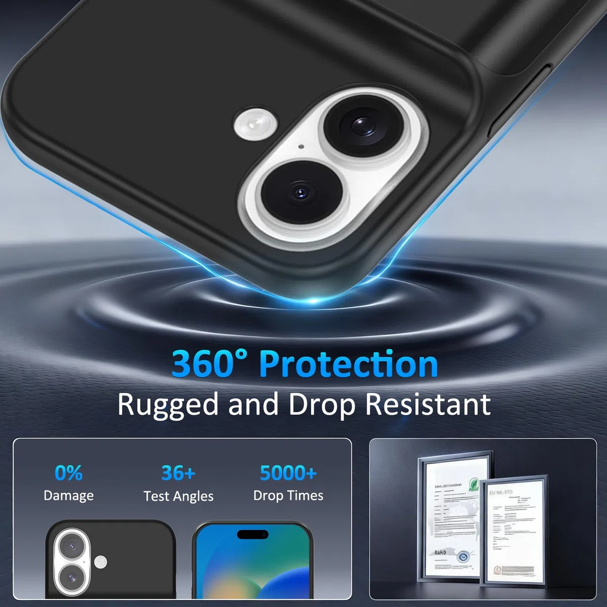 Custodia con Batteria per iPhone 16 da 8500mAh, Custodia di Ricarica Ricaricabile Sottile, Cover Protettiva Portatile con Batteria per iPhone 16 (6,1 pollici), nera