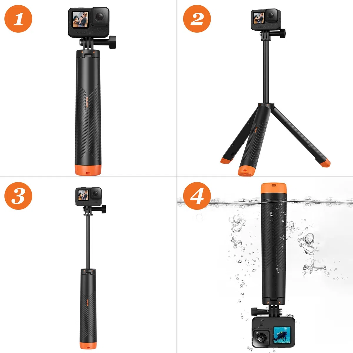 Treppiede per selfie 4 in 1 per Action Cam, impermeabile, estraibile, per GoPro Hero 13/12/11/10/9/8/7/Max, DJI Action 5 Pro/4/3 e Insta360 altre Action camere