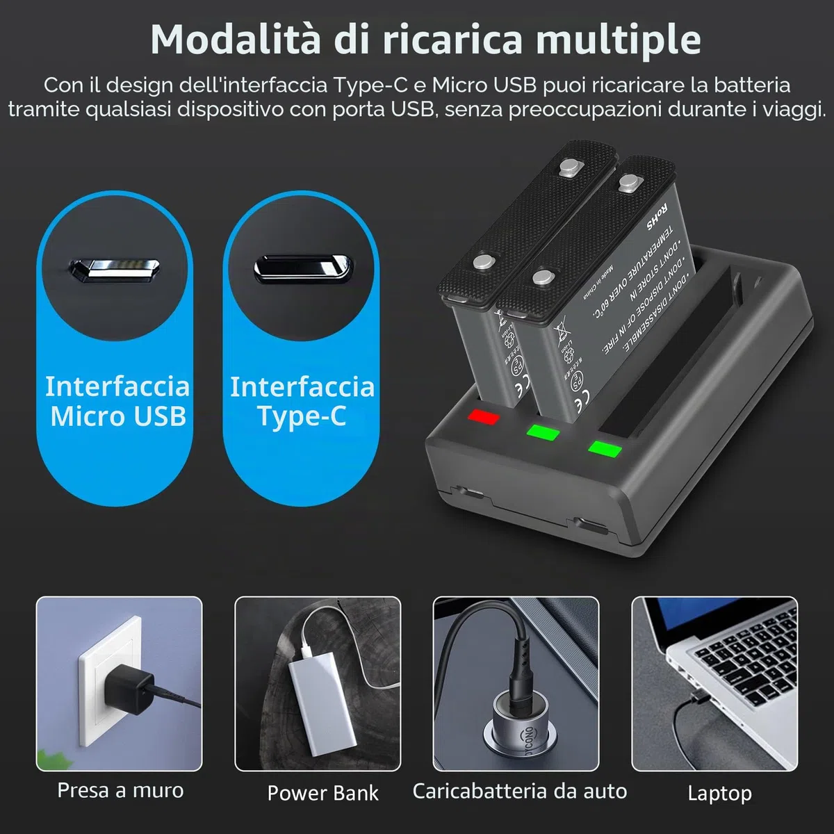 COOLSHOW Action Camera X3 Batteria 1800mAh 2 pezzi e X3 Caricabatterie Triplo con Type-C e Micro USB di ricarica Compatibile con X3 fotocamera (Sostituzione della X3 Batteria)
