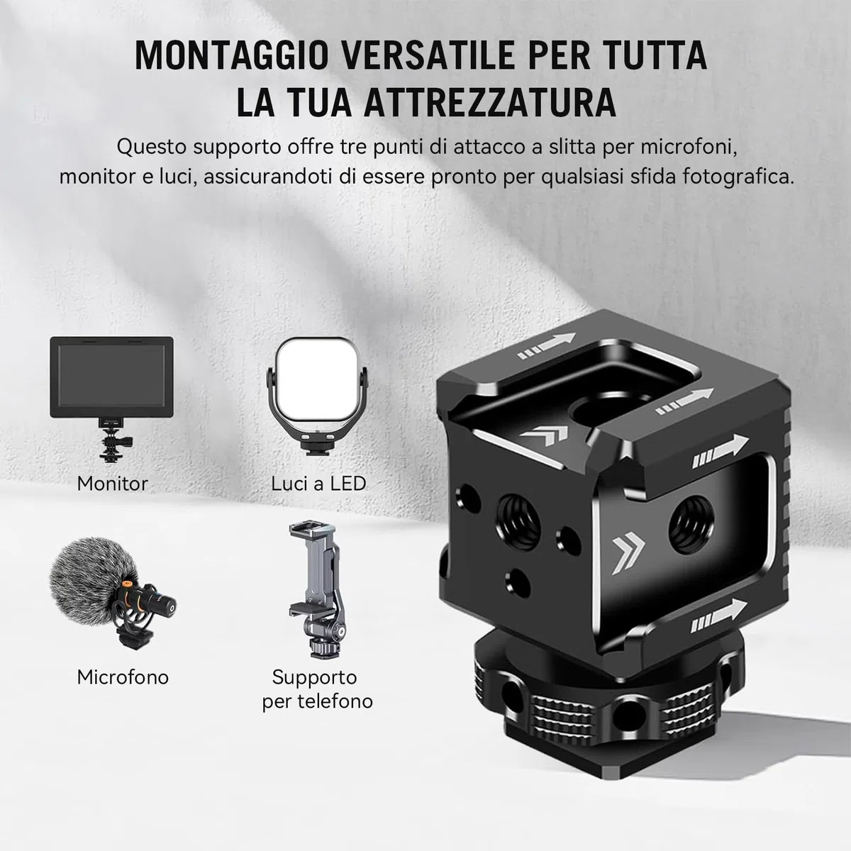 Supporto triplo per slitta fredda con filettatura da 1/4", staffa di estensione hot shoe in alluminio per fotocamera con 3 porte per slitta fredda per monitor con luce video a LED, microfono