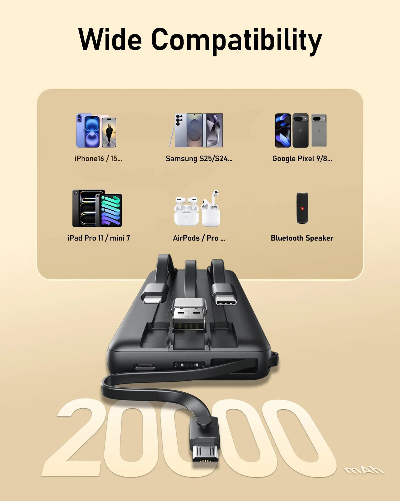 VEEKTOMX Power Bank 20000mAh Powerbank con Cavi Integrati Caricatore Portatile USB C Batteria Esterna con 5 Uscite e 2 Ingressi Compatibile con iPhone Huawei Xiaomi (20000mAh-Nero)