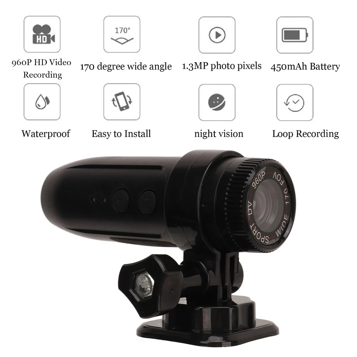 Videocamera per Casco da Moto e Bicicletta, HD 960P Mini Videocamera Sportiva Anti-vibrazione per Registrazione in Loop Videocamera DV per Moto con Obiettivo Grandangolare da 170°