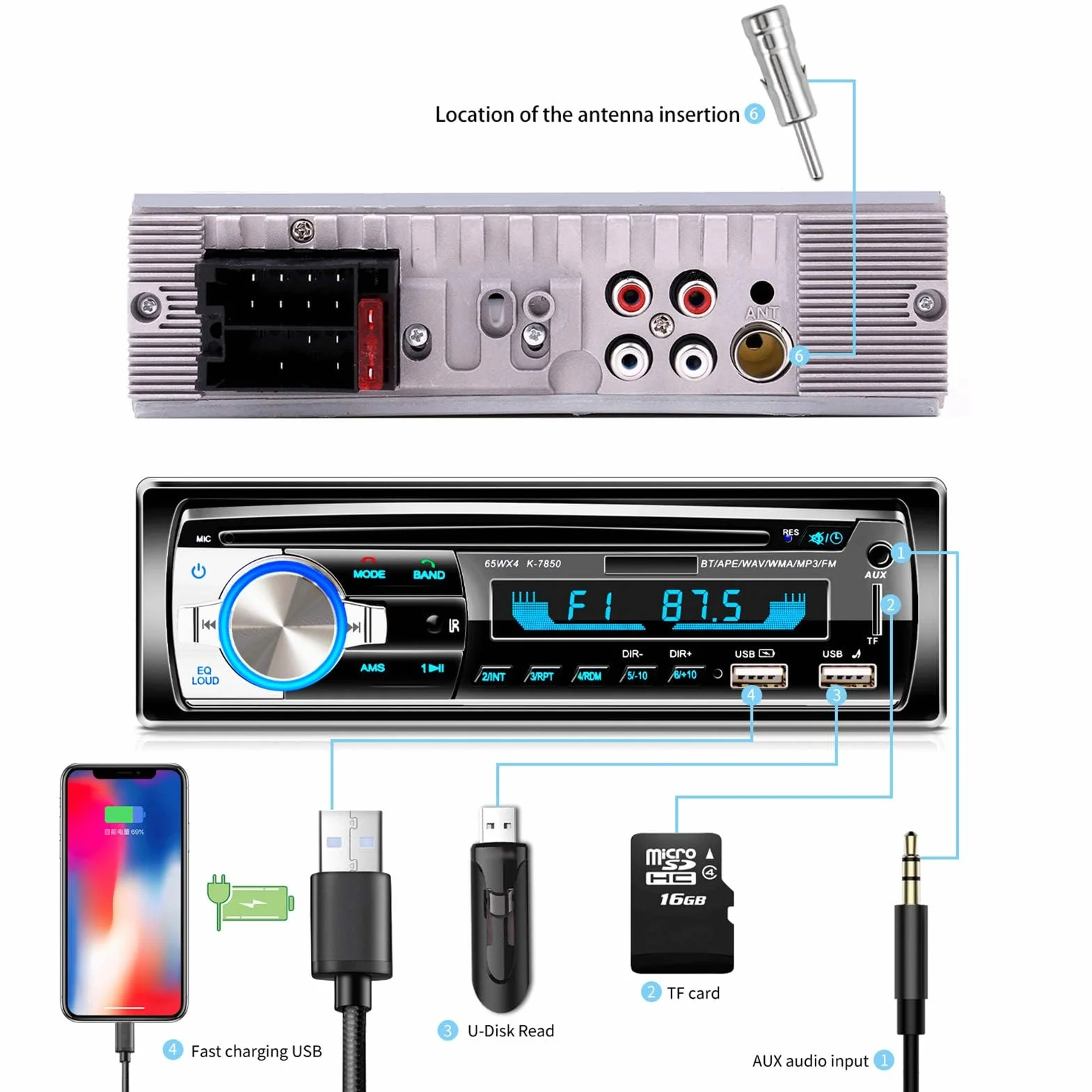 Autoradio Bluetooth vivavoce, Lifelf Radio stereo 4 x 65W 1 ricevitore radio per auto DIN con lettore MP3 Telecomando WMA FM, due porte USB, supporto iOS, Android (Non ha RDS/CD)