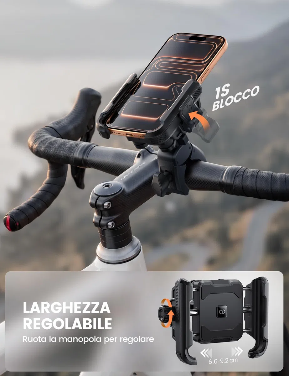 Lamicall Supporto Telefono Moto, Porta Telefono Bicicletta – [Non Copre Fotocamera] [Doppio Ammortizzatore] 1S Sblocco, 360° Rotazione, Porta Cellulare Manubrio per iPhone e Altri Smartphone da 6-7,2"