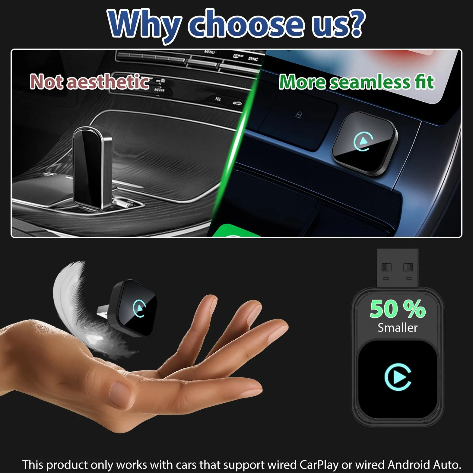 Adattatore wireless 2 in 1 CarPlay Android per auto, mini USB Plug & Play, compatibile dal 2016, connessione stabile, design ultra compatto