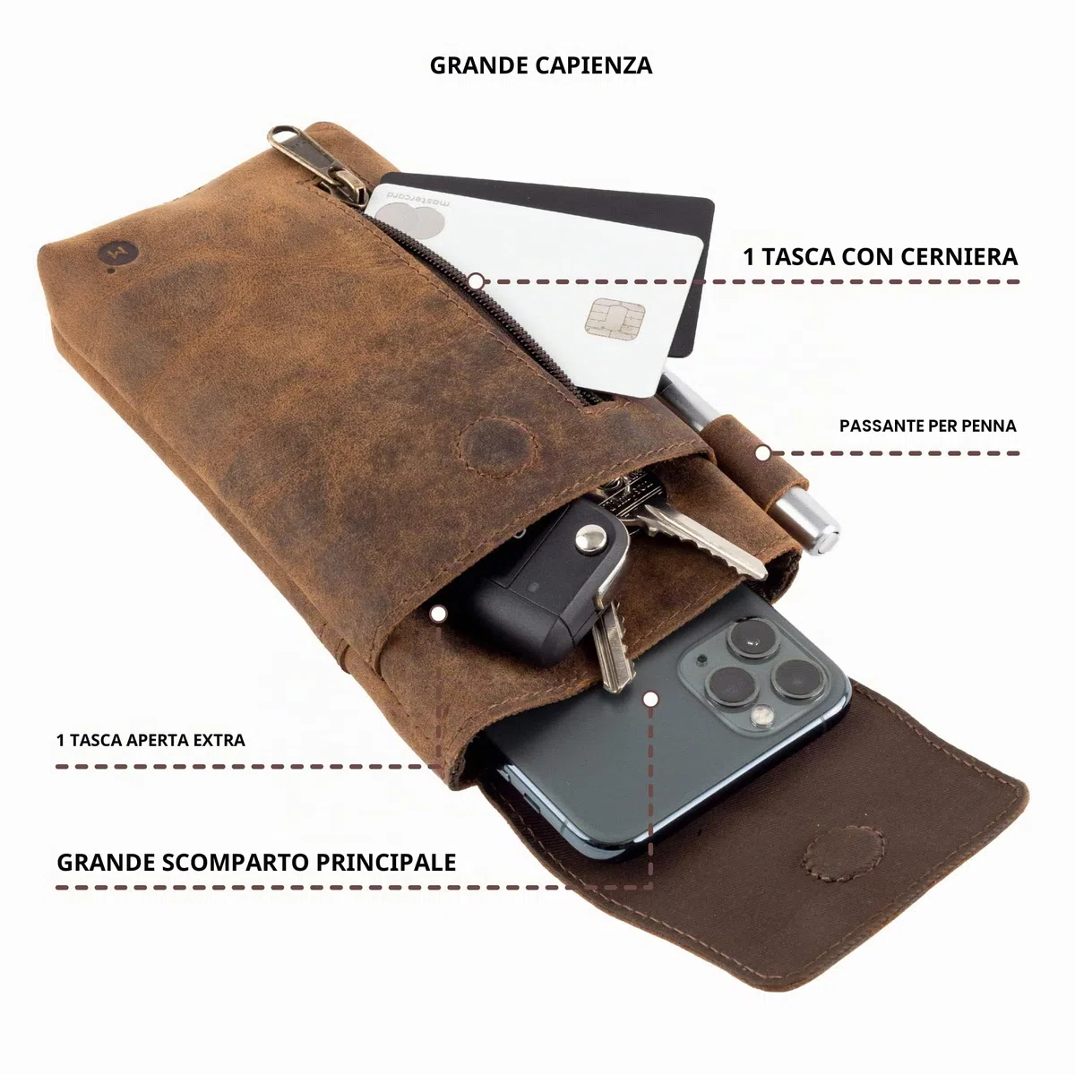Moonster Porta Cellulare in Pelle – Porta Cellulare da Cintura in Vera Pelle di Bufalo – Porta Telefono da 18 x 9 cm per Telefoni di Grandi Dimensioni – Con Passante per Cintura Sicuro e Resistente