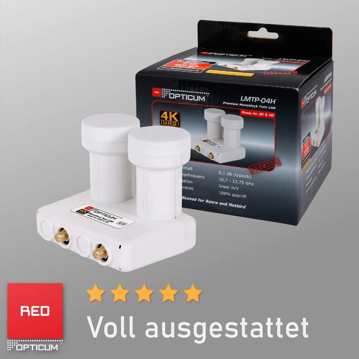 RED OPTICUM LMTP 04H Monoblock Twin LNB 0.1dB - LNB doppia testa per 2 partecipanti e 2 satelliti con DiseqC integrato - 3D UHD 4K Ready - Monoblock LNB Astra Hotbird incl