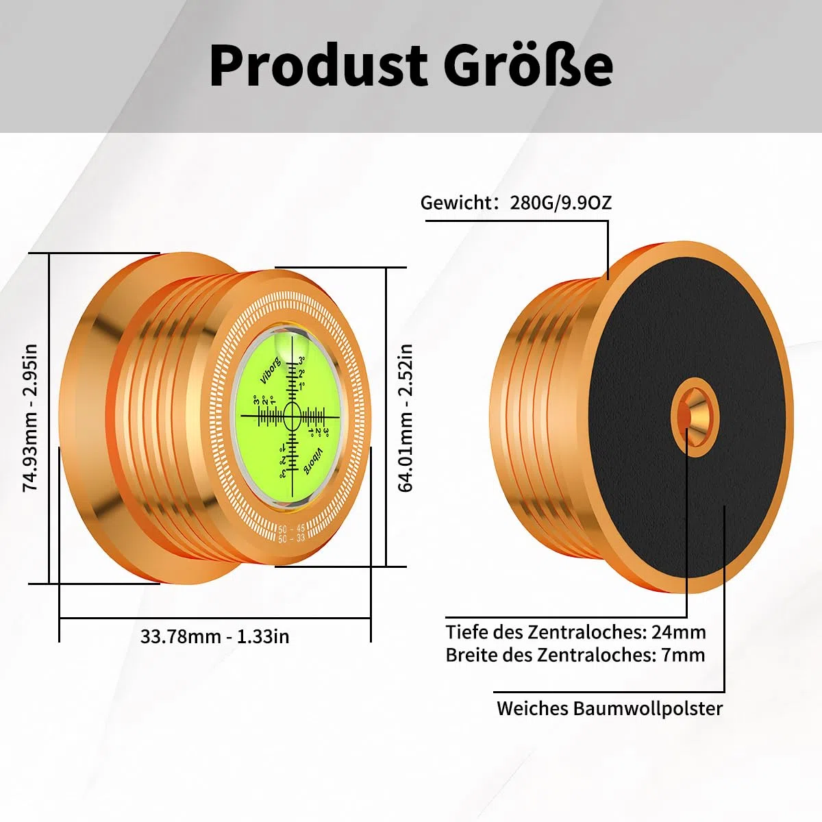 Viborg Golden 50HZ 3 in 1 - Morsetto per piastra con giradischi in vinile LP regolabile, disco in metallo, disco girevole stabile per vibrazioni, diametro 77 mm, altezza 33 mm