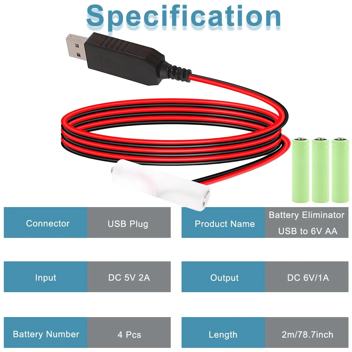 2 pezzi Convertitore alimentazione USB a 6 V AA con eliminazione della batteria Alimentatore USB Cavo batterie AA da 6 V, Sostituisce 4 batterie AA da per luci LED radio ventilatori