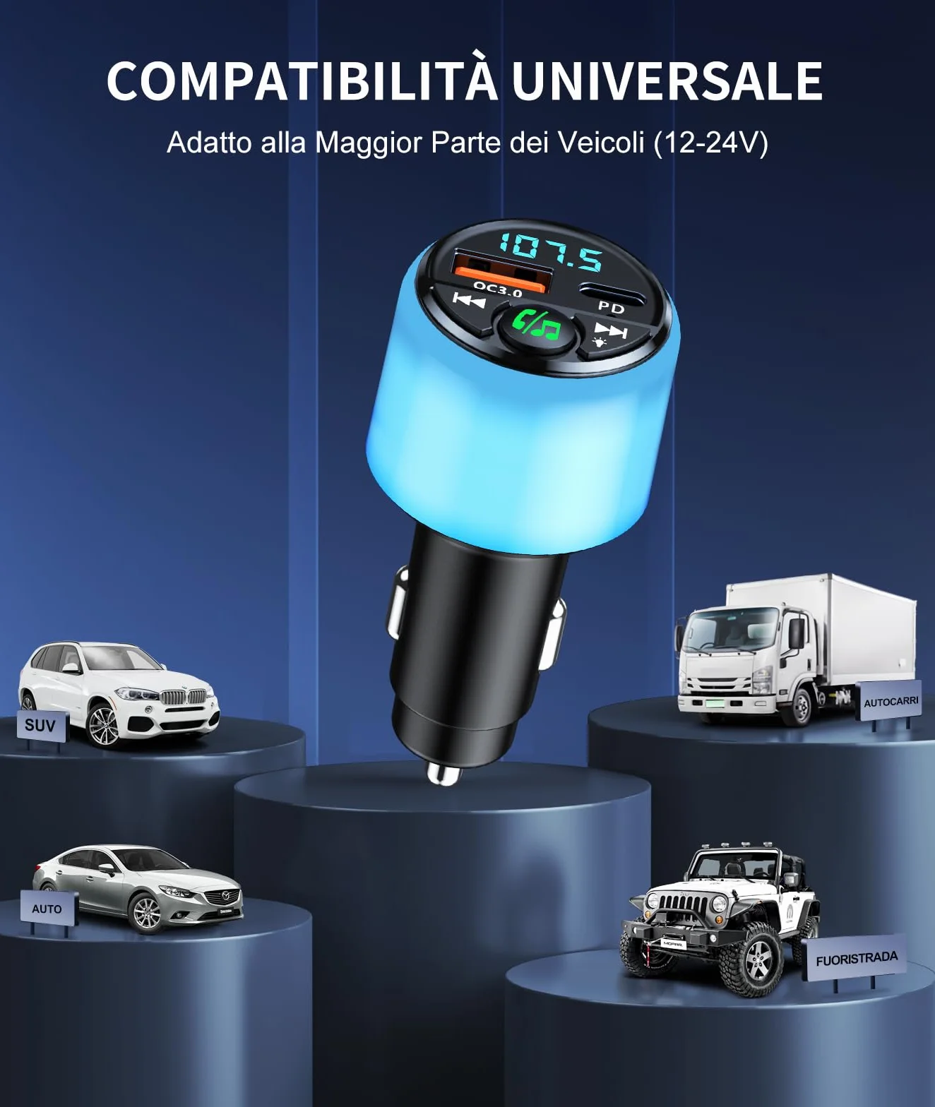Mohard Trasmettitore FM Bluetooth 5.3 per Auto, PD 30W & QC3.0 18W Ricarica Veloce Bluetooth Vivavoce Auto con Musica/Hi-Fi/Luce, Caricabatterie per GPS Dispositivo Macchina Accendisigari Adattatore