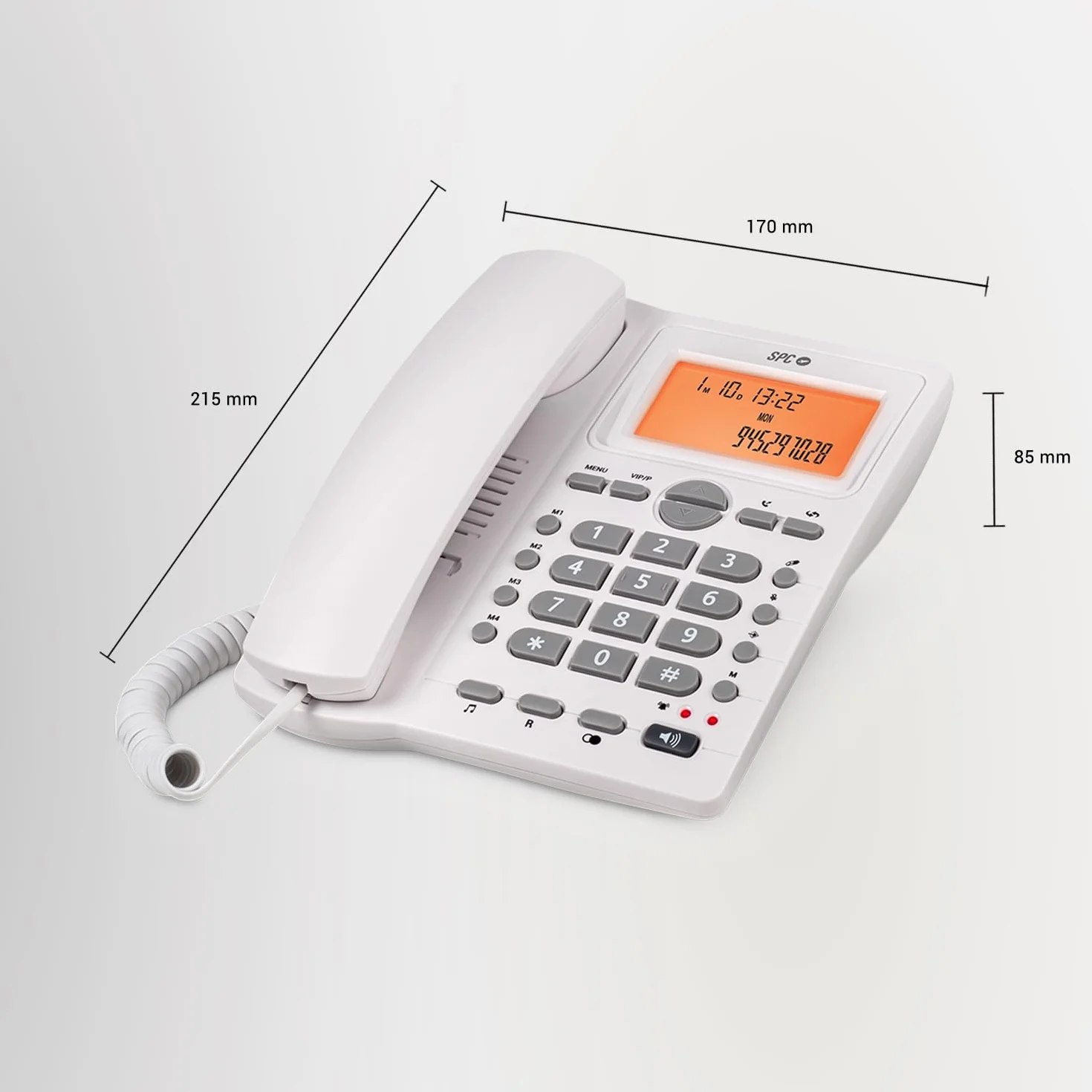SPC Office ID 2 - Telefono fisso con display illuminato, 4 memorie dirette e 10 indirette, 2 livelli di suoneria, ID chiamante, segnale luminoso, vivavoce, da tavolo o a parete - Bianco