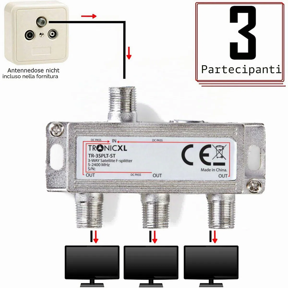 TronicXL, splitter per antenna, per TV via cavo, a 3 vie, IEC, adatta ad esempio per Unitymedia