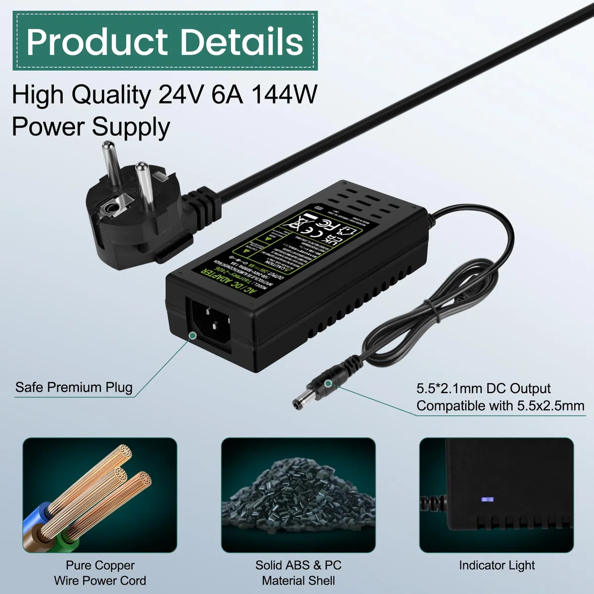 Adattatore di alimentazione universale da 24 V, 6 A, CA 100-240 V fino a CC 24 V, 6 A, alimentatore per strisce LED, TV, DVD, LCD, monitor radio, fotocamera, presa europea 5,5