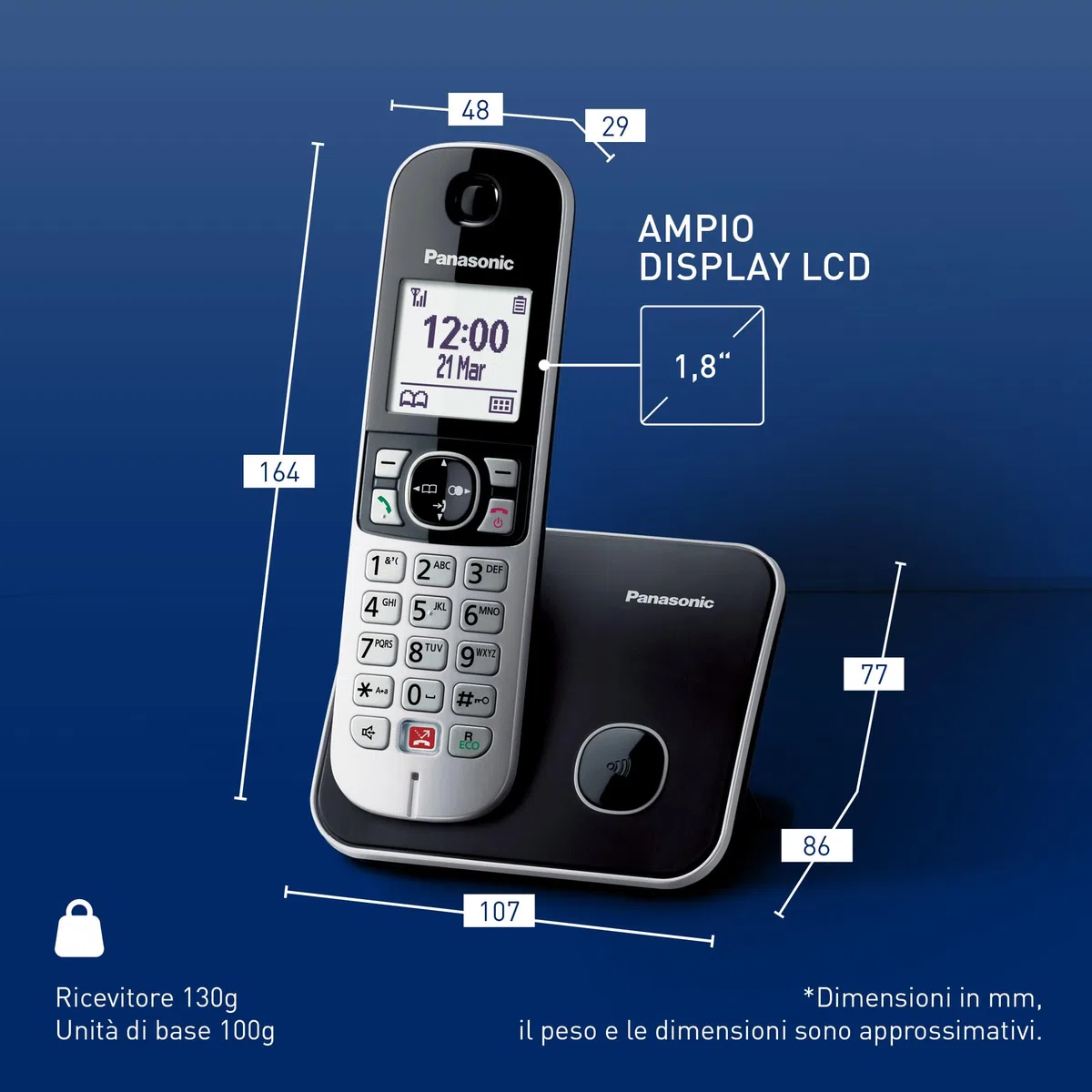 Panasonic KX-TG6851JTB Telefono Cordless Digitale, Unità Base e Ricevitore Singolo, ID Chiamante, Blocco Chiamate Indesiderate, Suoneria Categoria, Display LCD, Tastiera Illuminata, Nero