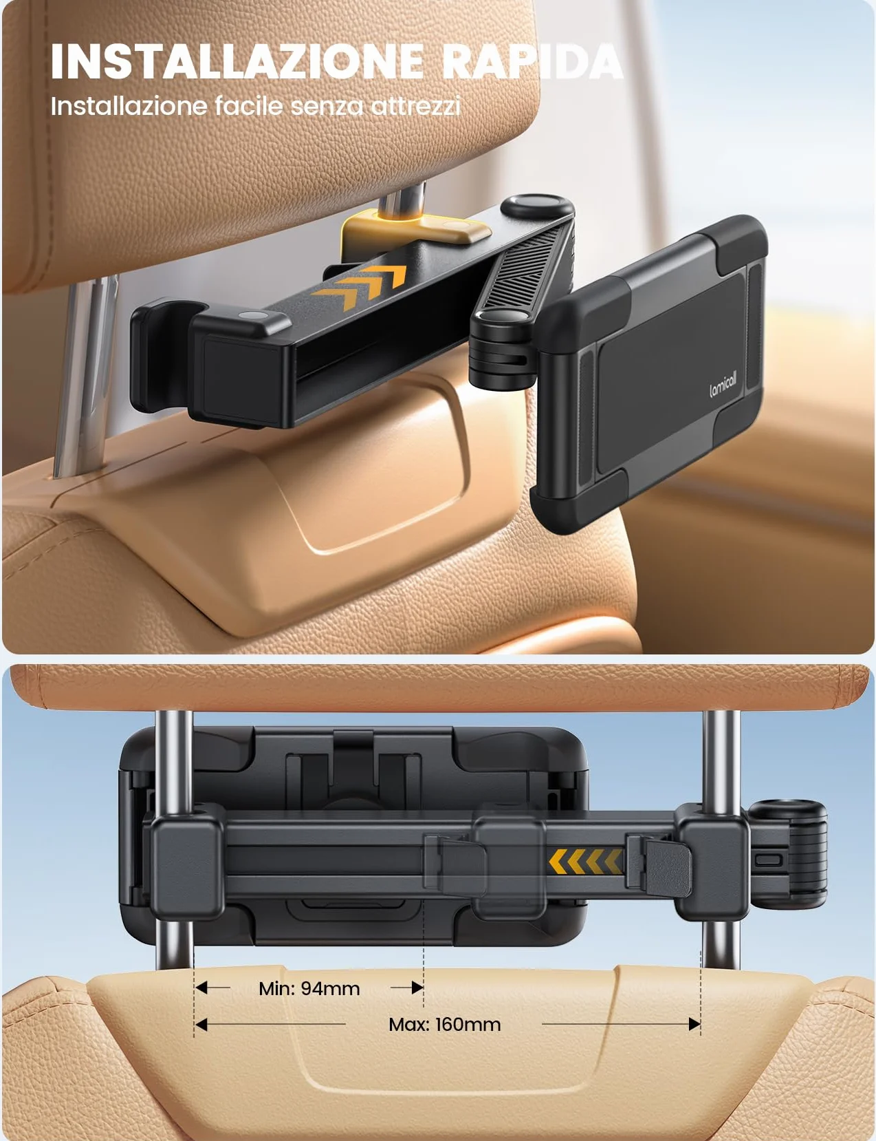 Lamicall Supporto Tablet Auto - [Pieghevole Clip Silicone Ampia] [Braccio Metallo] Pieghevole Porta Tablet Poggiatesta, 360° Rotazione, per iPad Pro, Air, Mini 6 5 4 3, Tab, Altro 6,1-13" Dispositivo
