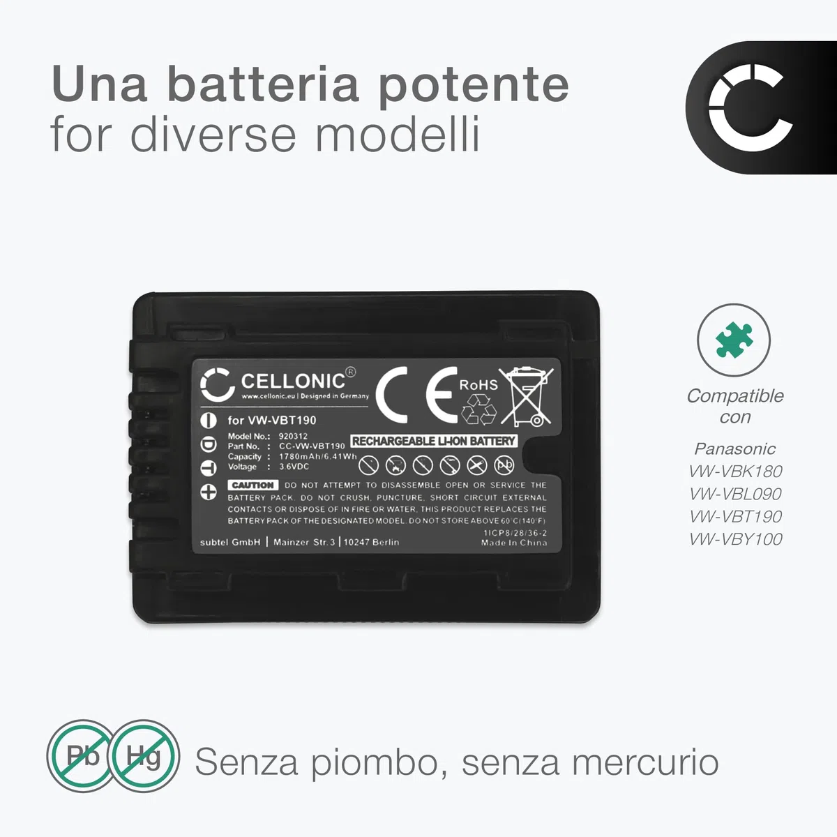 CELLONIC 1x Batteria per Fotocamera Compatibile con Panasonic HC-V180, HC-V777, HC-V380, VW-VBT190 – (1780mAh, 3.6V)