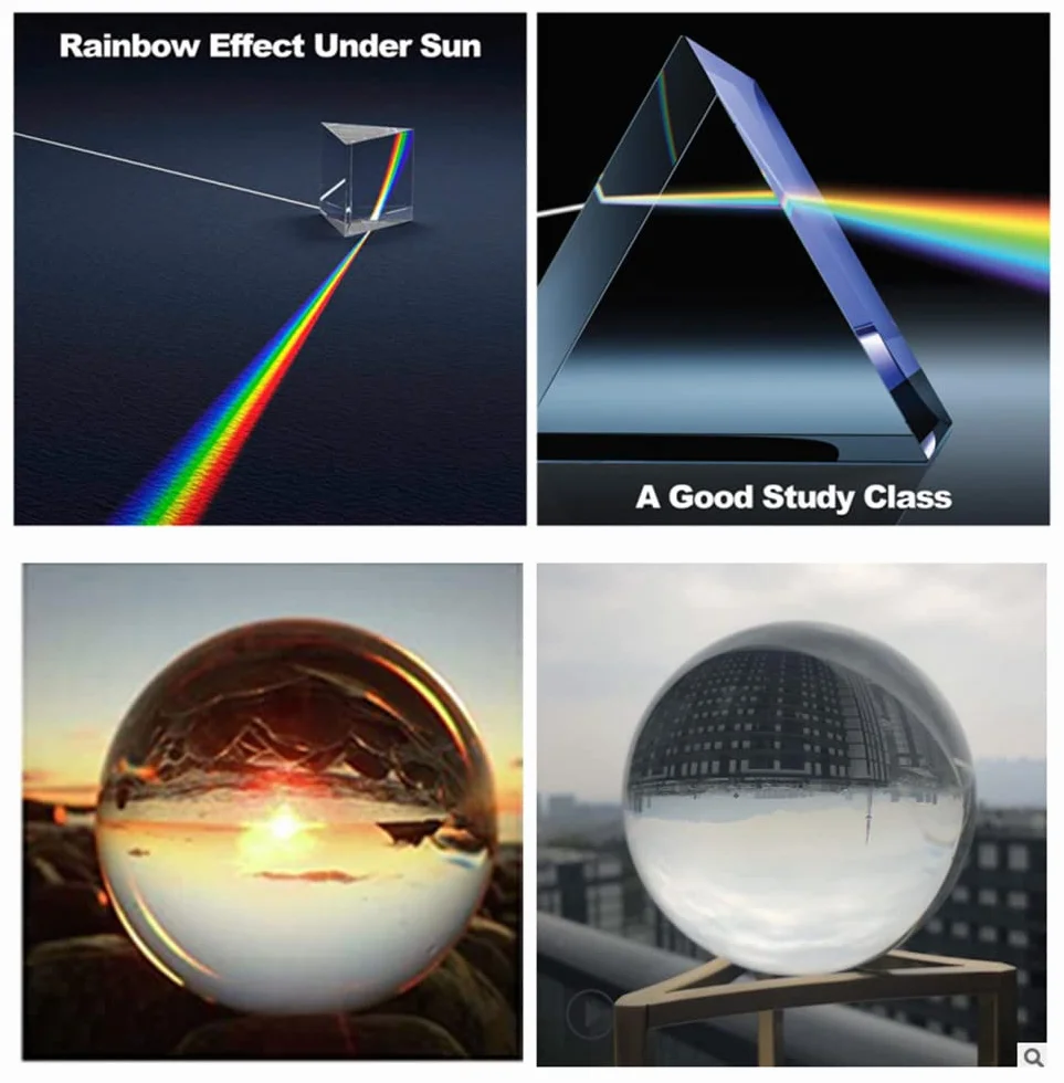 4 prisma fotografico con cristallo ottico K9, include 50mm, prisma triangolare in vetro da 50mm, sfera di cristallo da 55mm, piramide ottica da 60mm, per insegnamento di fisica, giochi e fotografia