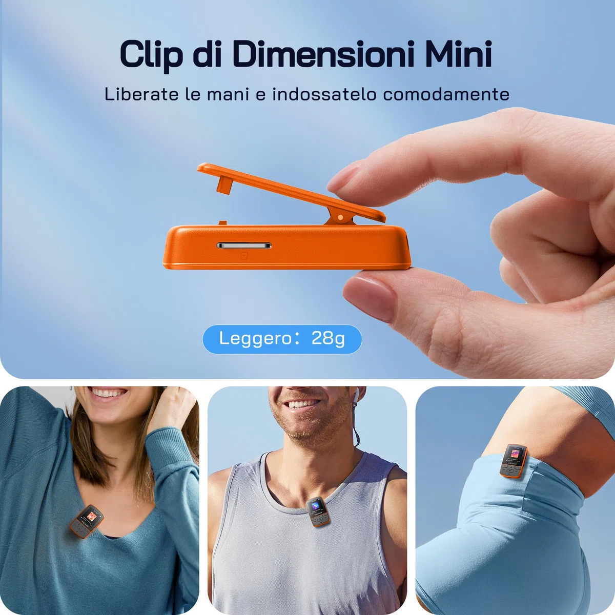 WOLFANG Lettore MP3 con Bluetooth 5.2, clip sportiva, formato mini, peso 28,3 g, radio FM HiF, registratore vocale, auricolari inclusi, arancione