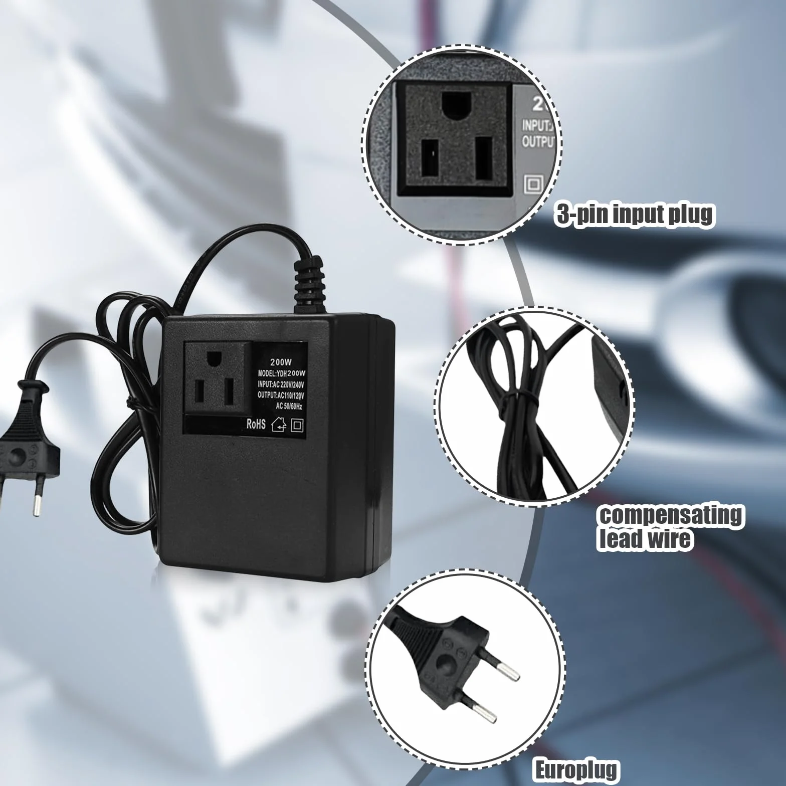 Trasformatore di tensione da 220 V a 110 V, 200 W, adattatore di alimentazione passo verso il basso, adattatore di corrente da viaggio, convertitore di tensione, spina EU