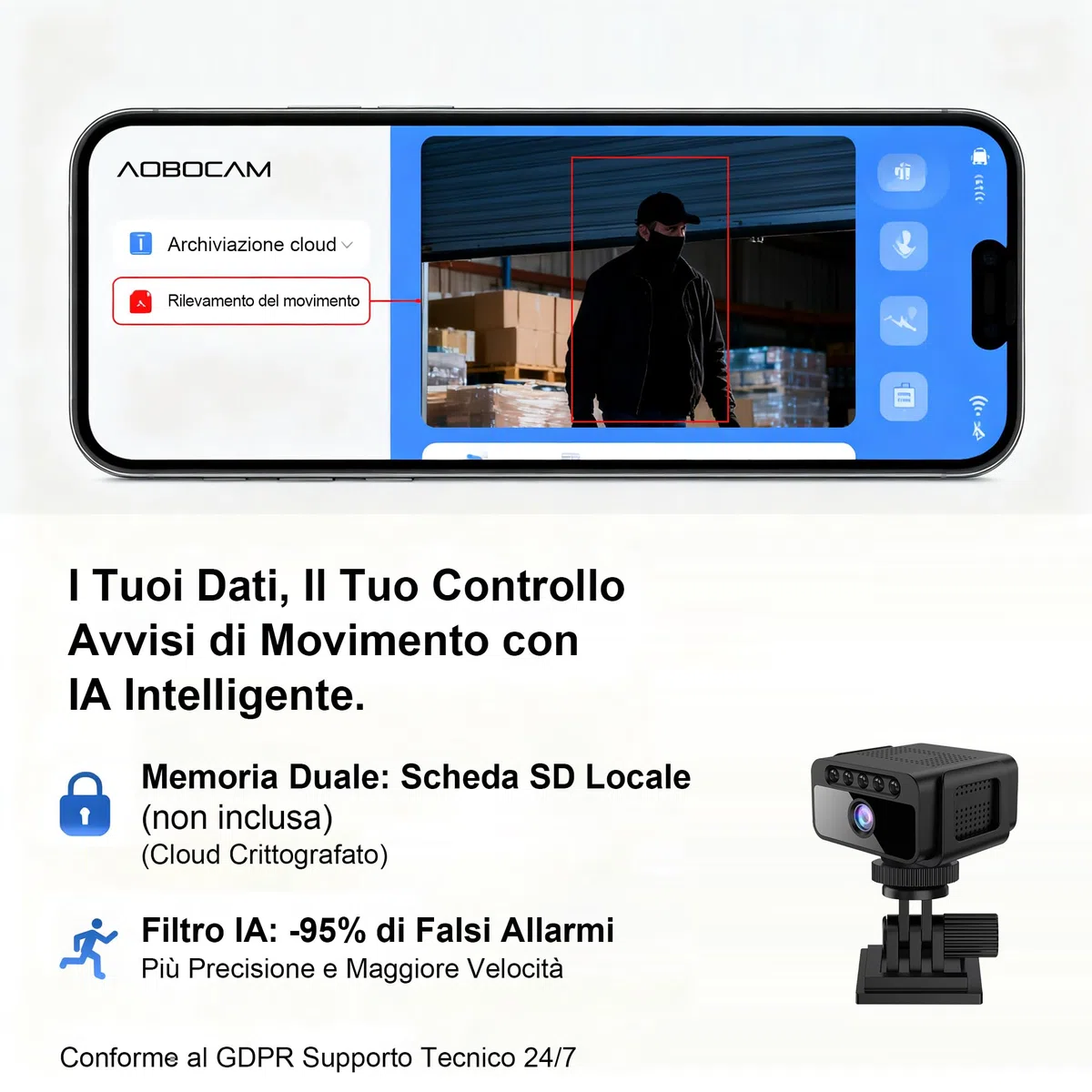 AOBOCAM Mini Telecamera WiFi Interna 4K UHD Videocamera Sorveglianza con Visione Notturna, 5 Ore Autonomia, Notifiche Movimento Istantanee, Doppia Memoria SD/Cloud, Controllo Remoto Con App (S)