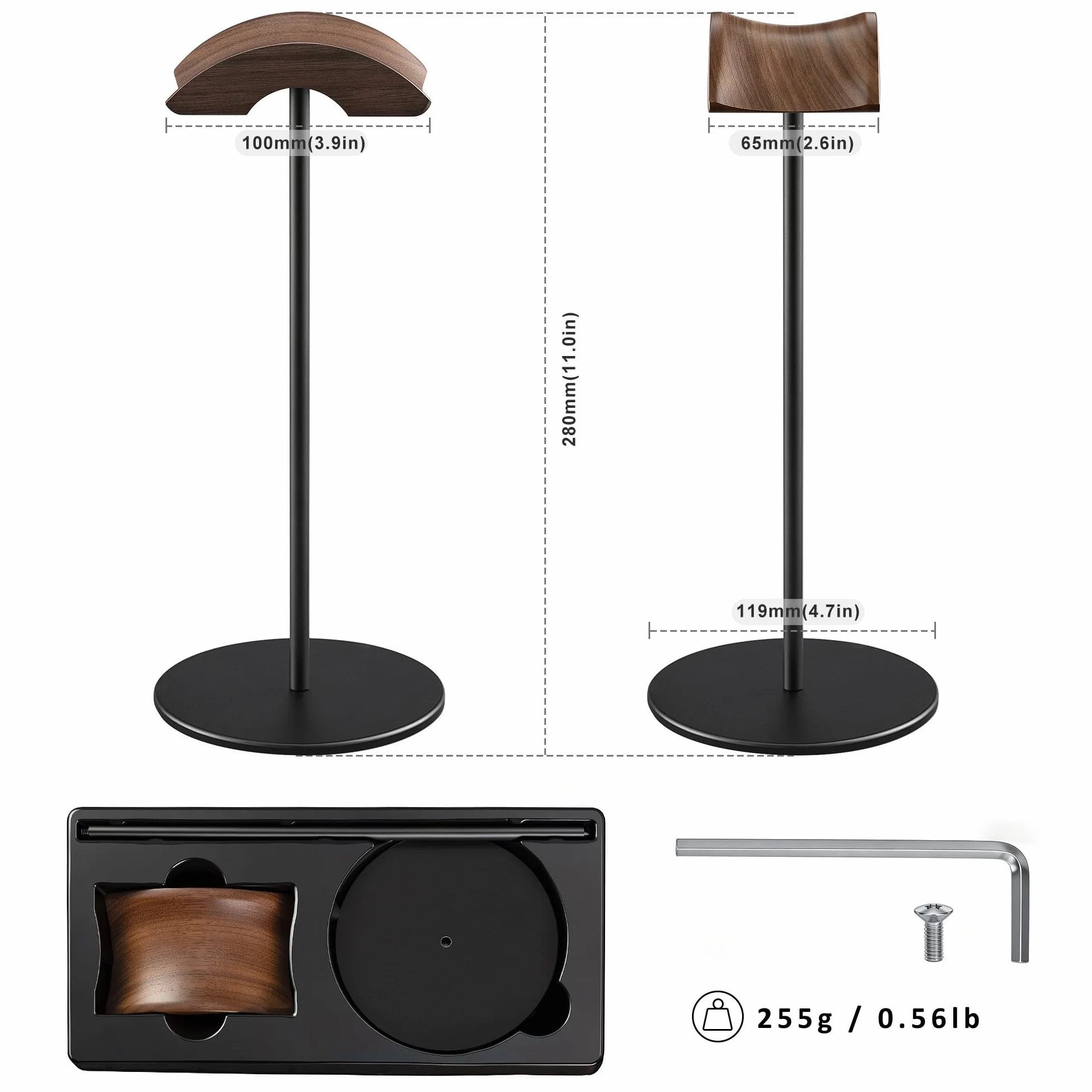 Supporto per Cuffie, Porta Cuffie Legno di Noce e Alluminio, Stand Headset da Gaming Noce Naturale con Base Solida, Adatto a Cuffie di Tutte le Dimensioni (Nero)