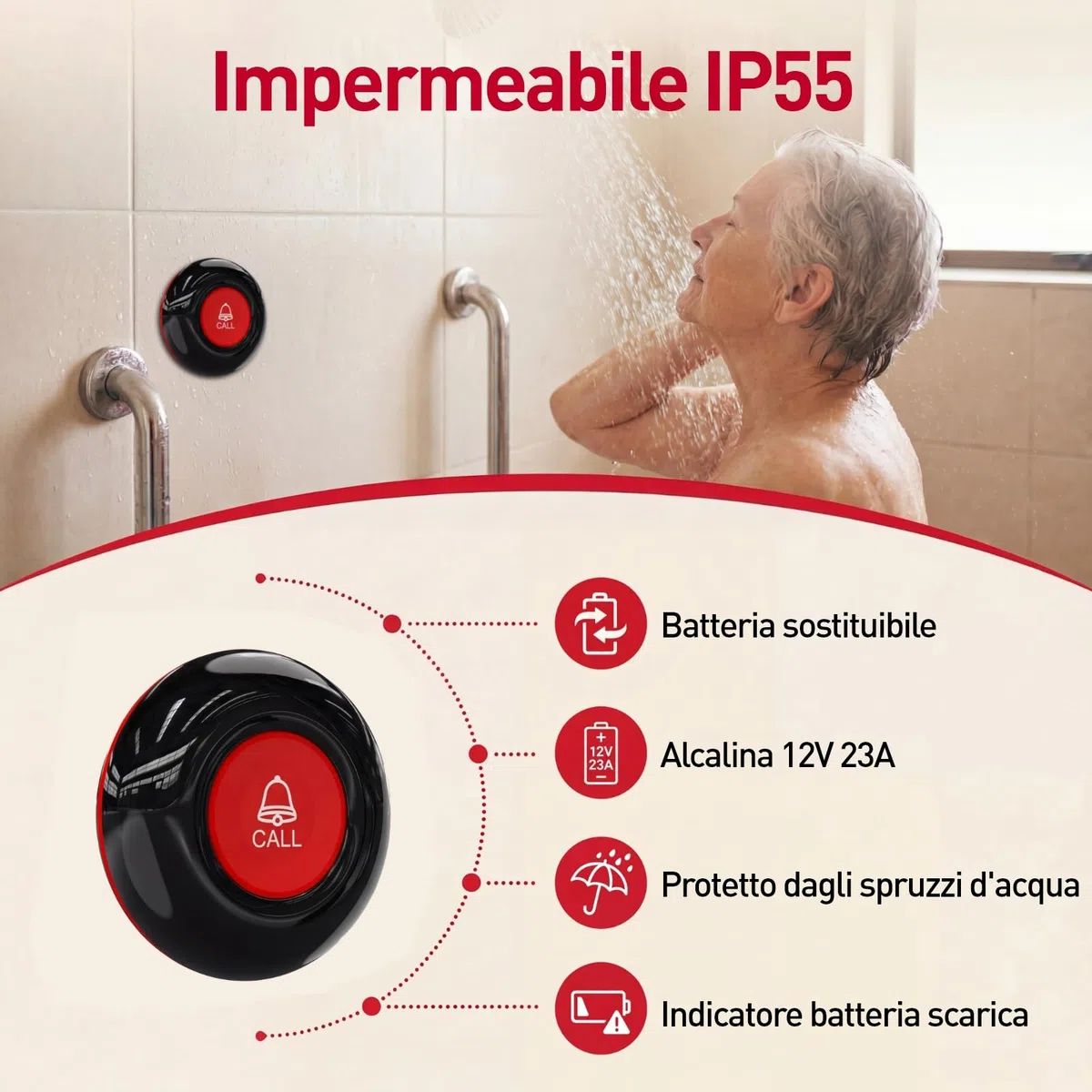 CallToU Salvavita Anziani di Emergenza Pulsante di Chiamata, Wireless SOS Anziani Pulsante Cercapersone, Oltre 500 piedi per casa/anziani/pazienti/disabili