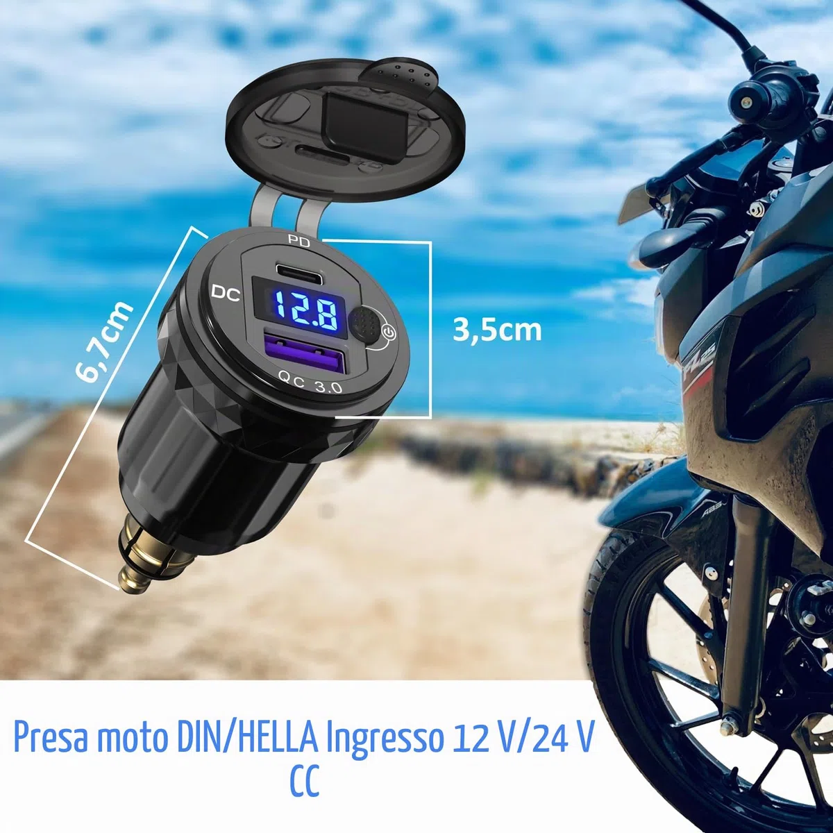 Presa DIN a USB C Caricabatterie per Moto: Qidoe Metallo Dual Porte QC3.0 e PD3.0 Adattatore Din Hella a USB con Voltmetro Interruttore per 12-24 V Motocicli Europei Ducati/Triumph/BMW